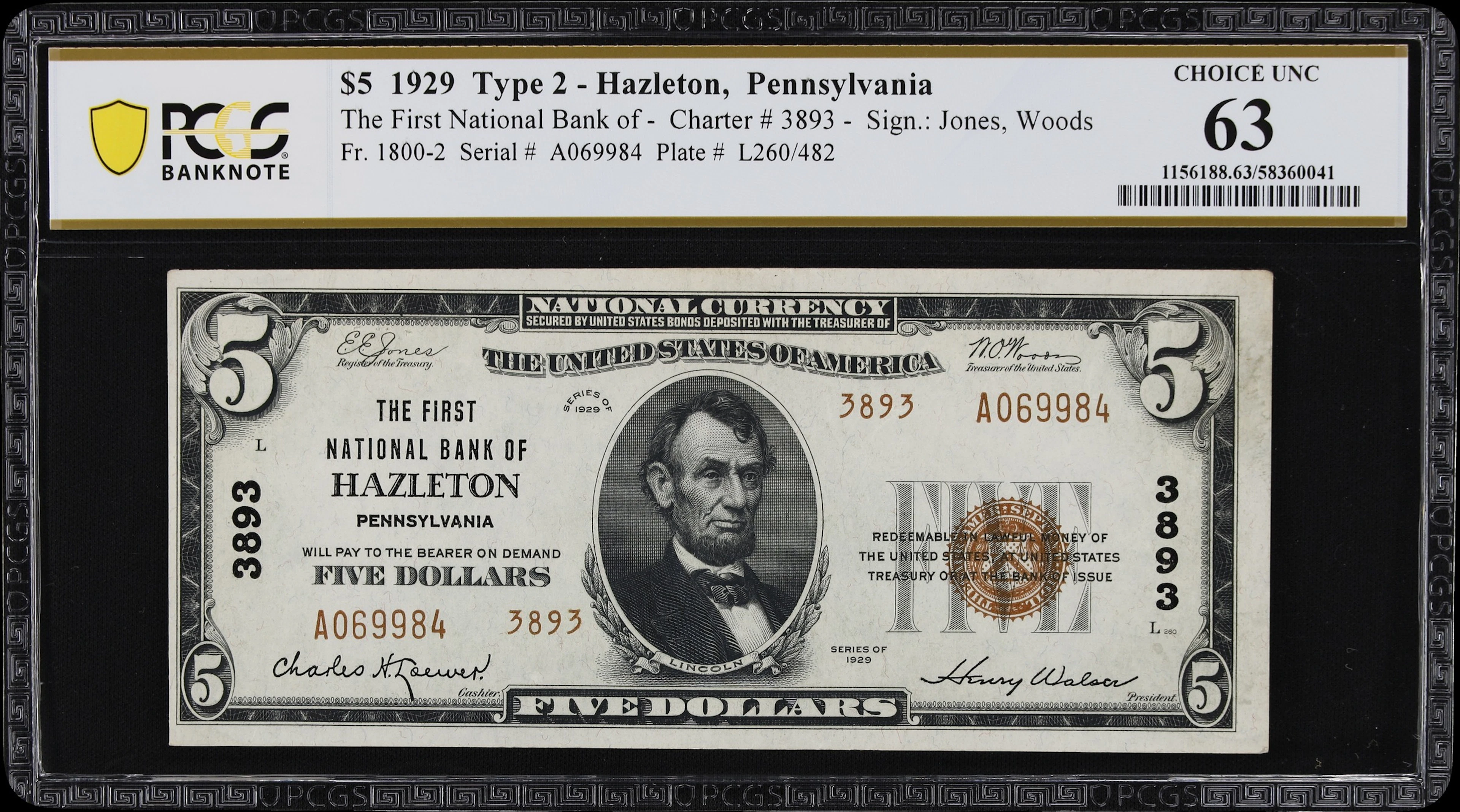 Hazleton, Pennsylvania. $5 1929 Ty. 2. Fr. 1800-2. First NB. Charter
