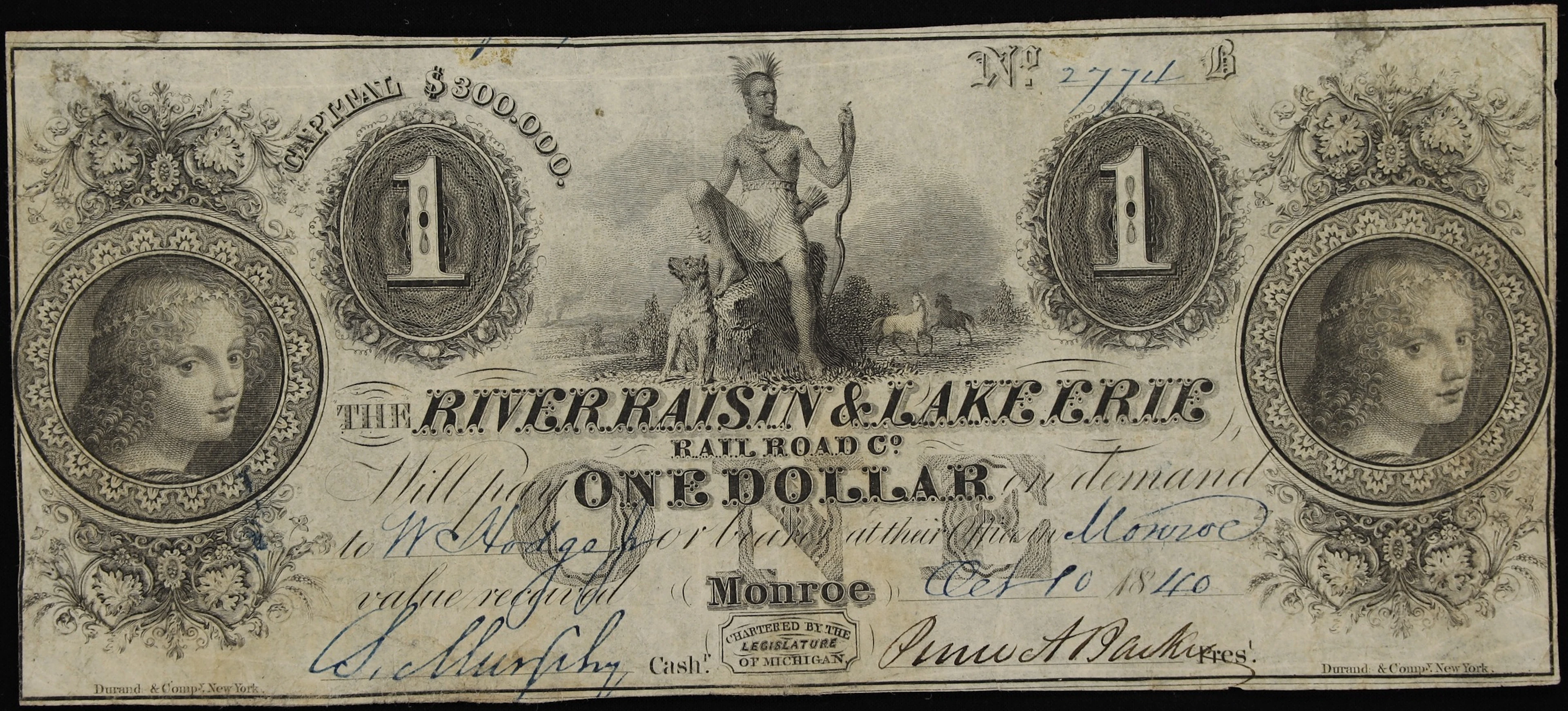 Monroe, Michigan. River Raisin & Lake Erie Rail Road Company. 1840 $1. Fine.