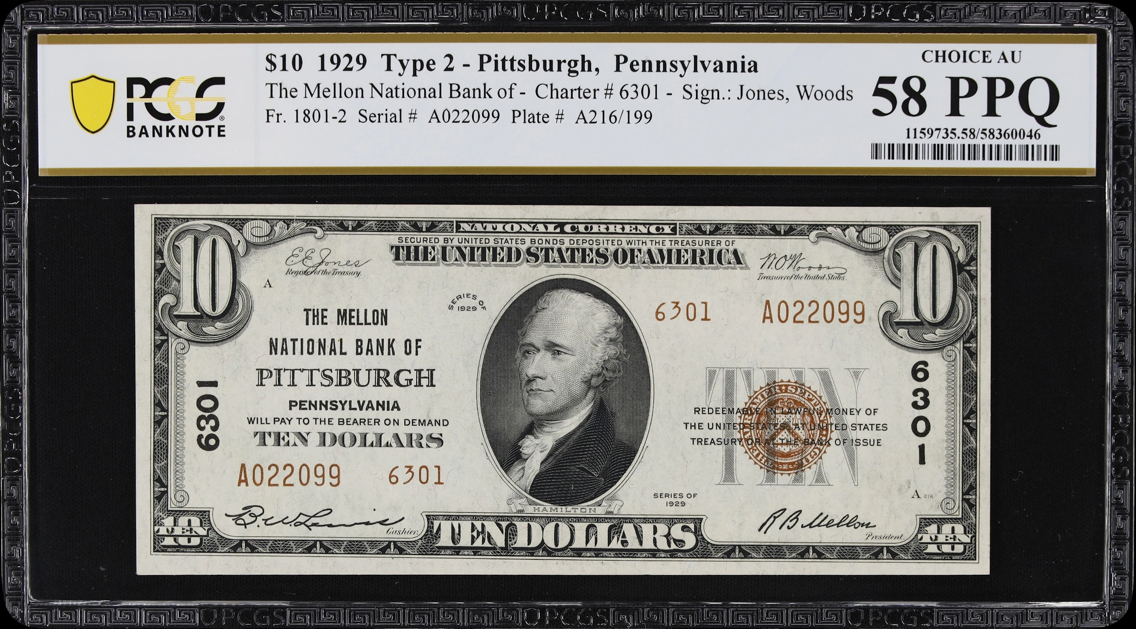 Pittsburgh, Pennsylvania. $10 1929 Ty. 2. Fr. 1801-2. Mellon NB. Charter