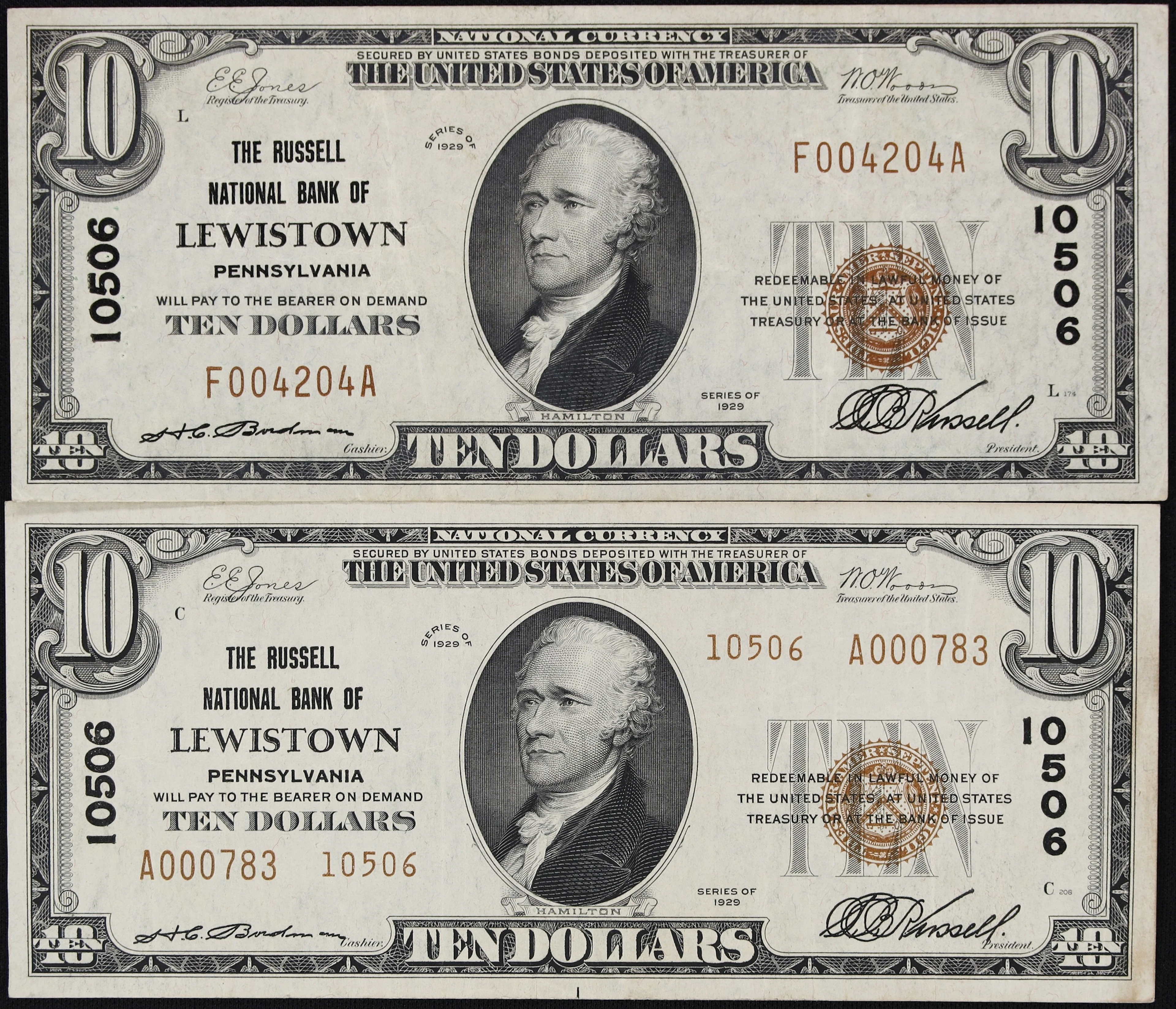 Lot of (2) Lewistown, Pennsylvania. $10 1929 Ty. 1 & Ty. 2. Fr. 1801-1