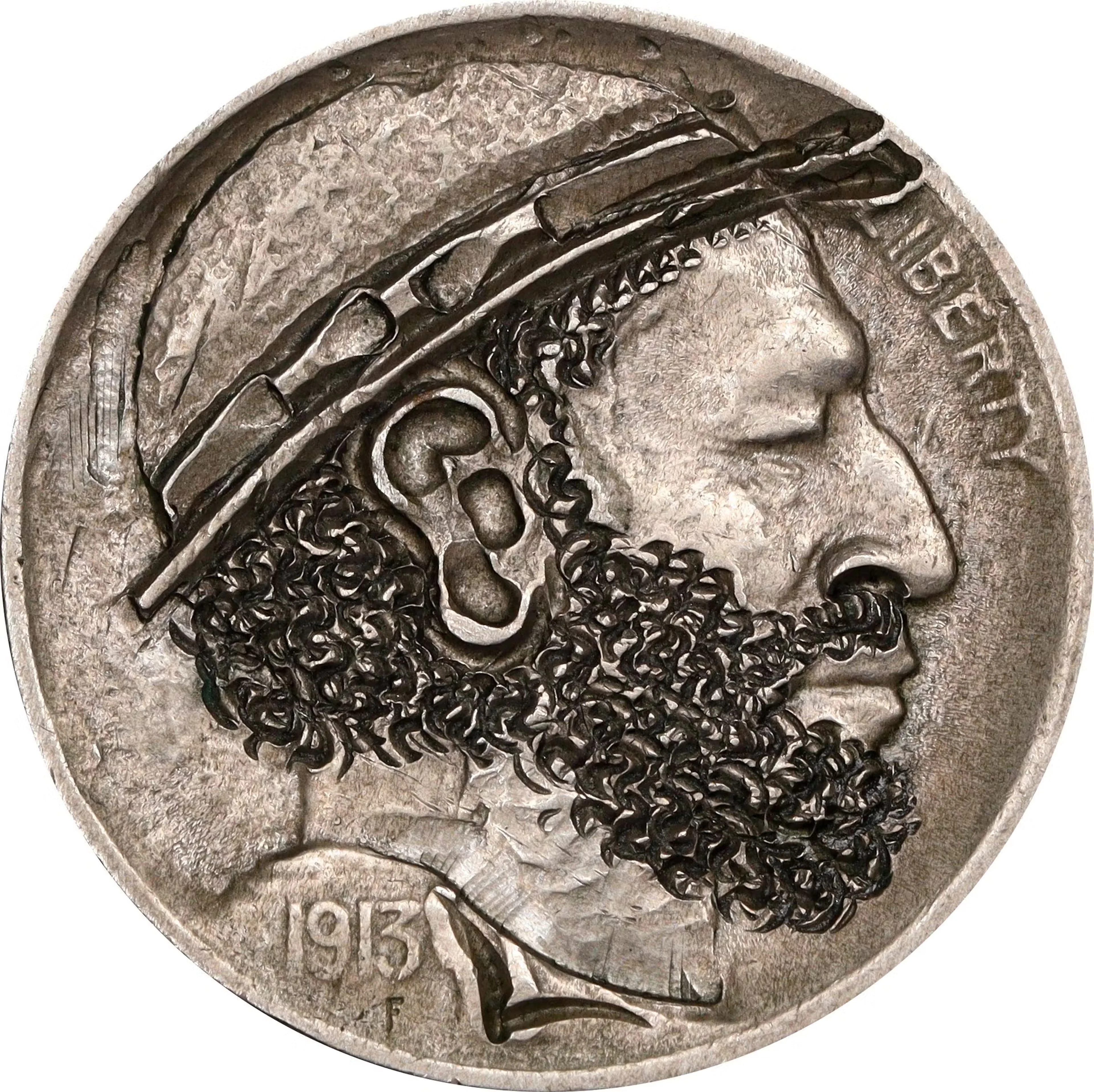 Bearded Man Wearing Derby Hat Hobo Nickel. By Peanut Ear. Quality
