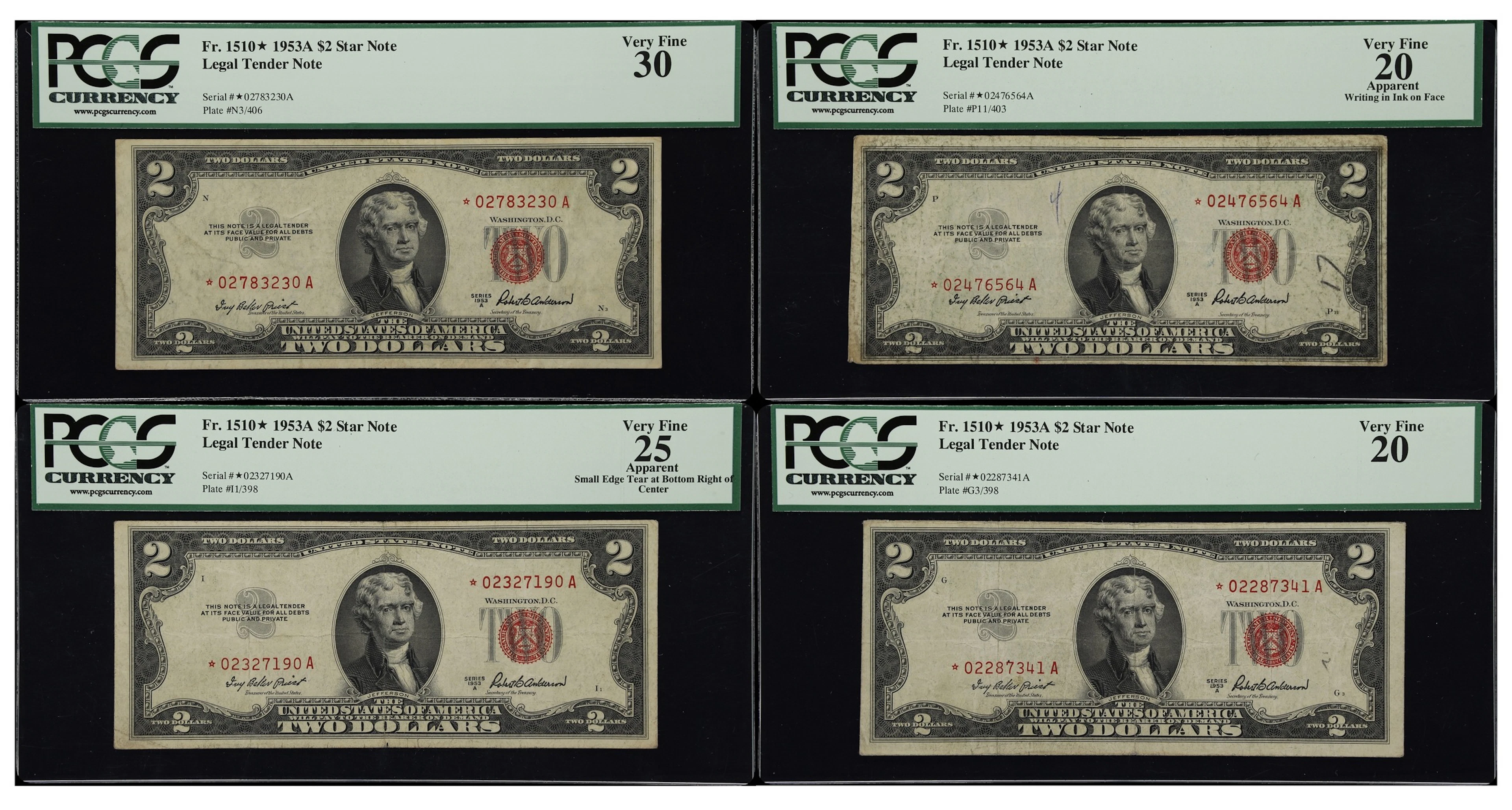 Lot of (4) Fr. 1510*. 1953A $2 Legal Tender Star Notes. PCGS Currency
