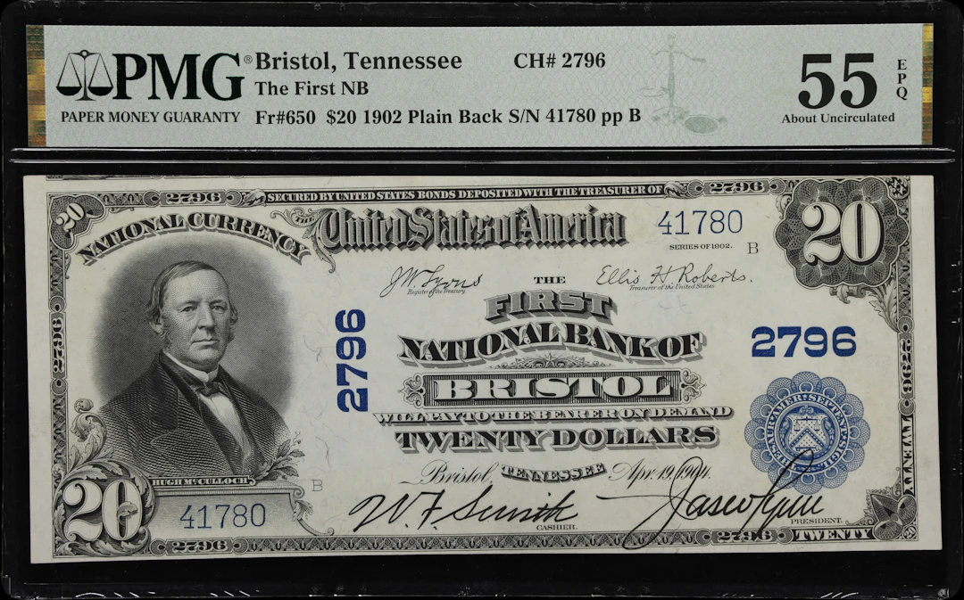 Bristol, Tennessee. $20 1902 Plain Back. Fr. 650. First NB. Charter