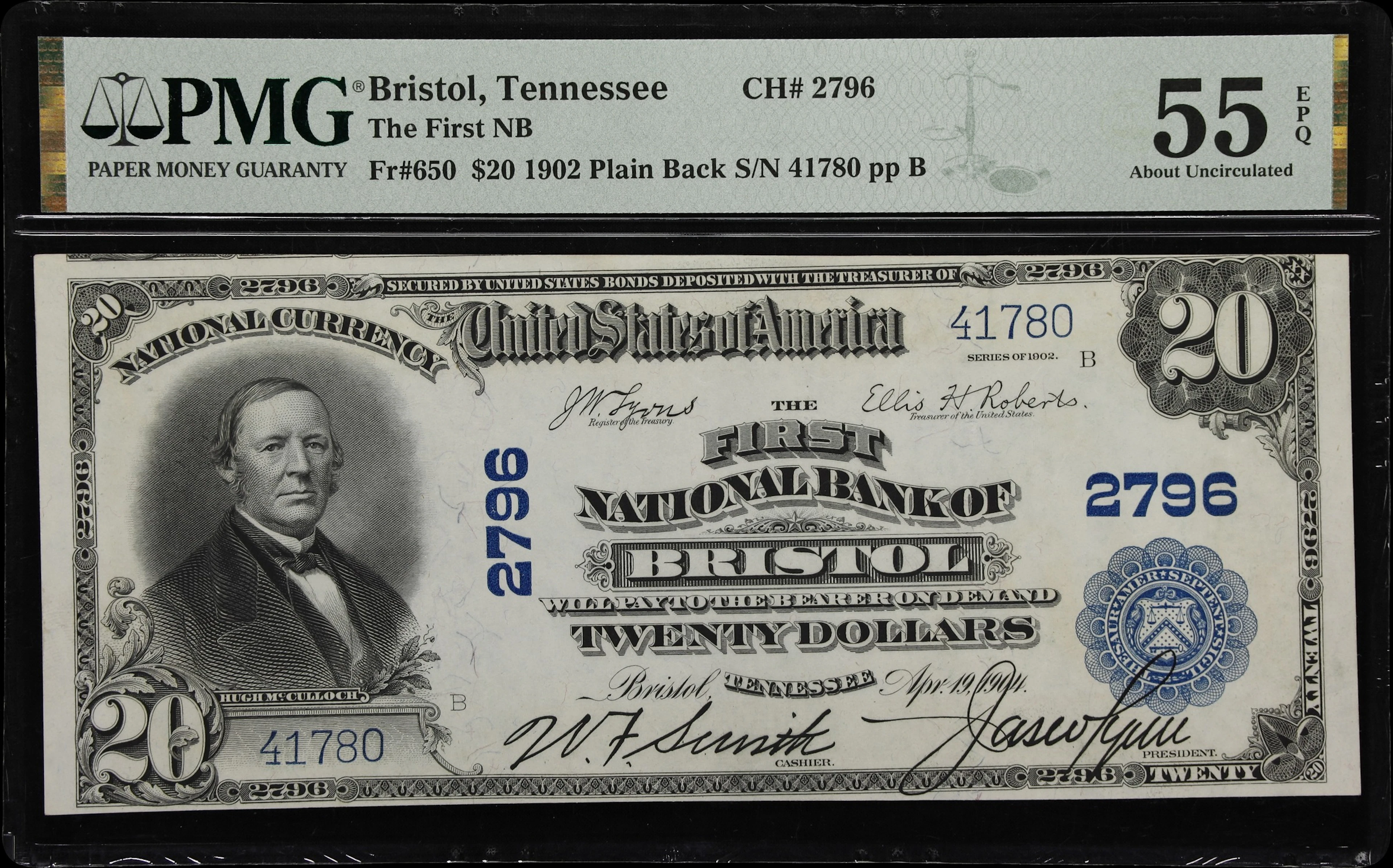 Bristol, Tennessee. $20 1902 Plain Back. Fr. 650. First NB. Charter
