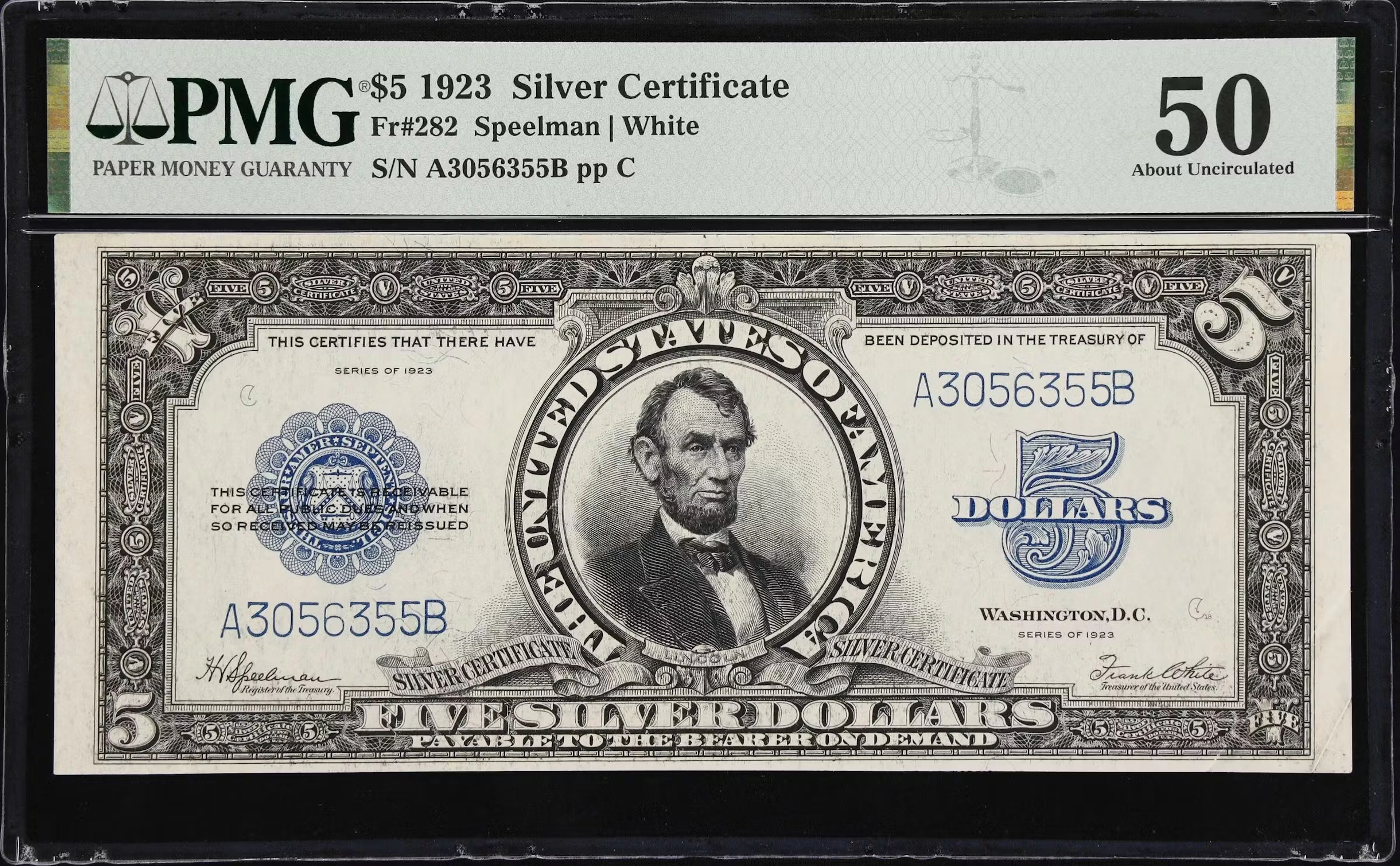 Fr. 282. 1923 $5 Silver Certificate. PMG About Uncirculated 50.