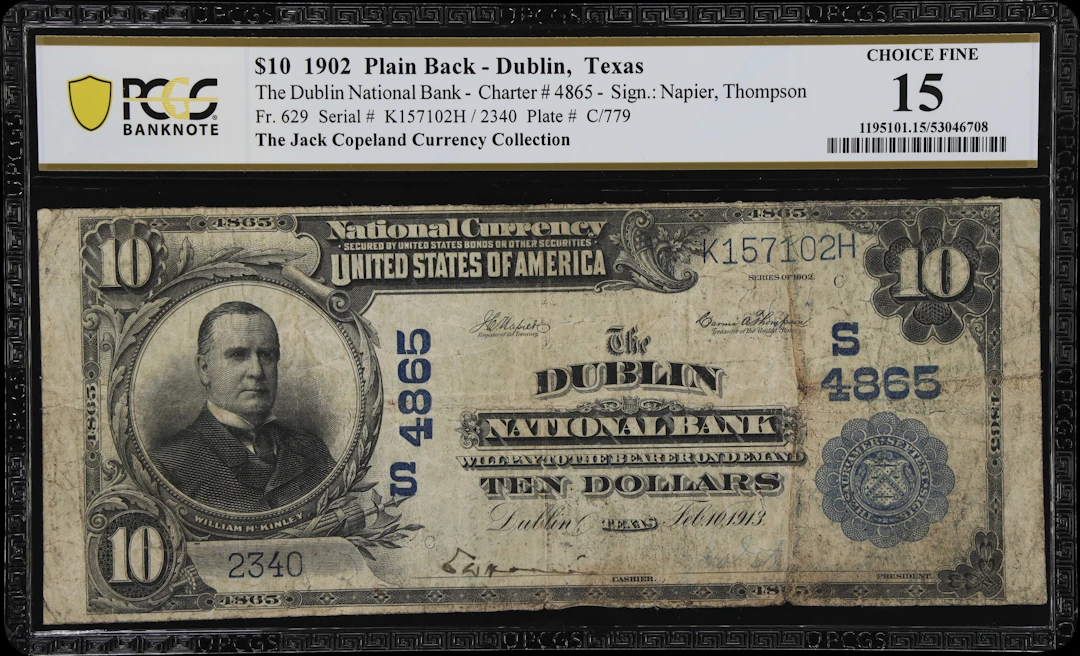 Dublin, Texas. $10 1902 Plain Back. Fr. 629. Dublin NB. Charter #4865.