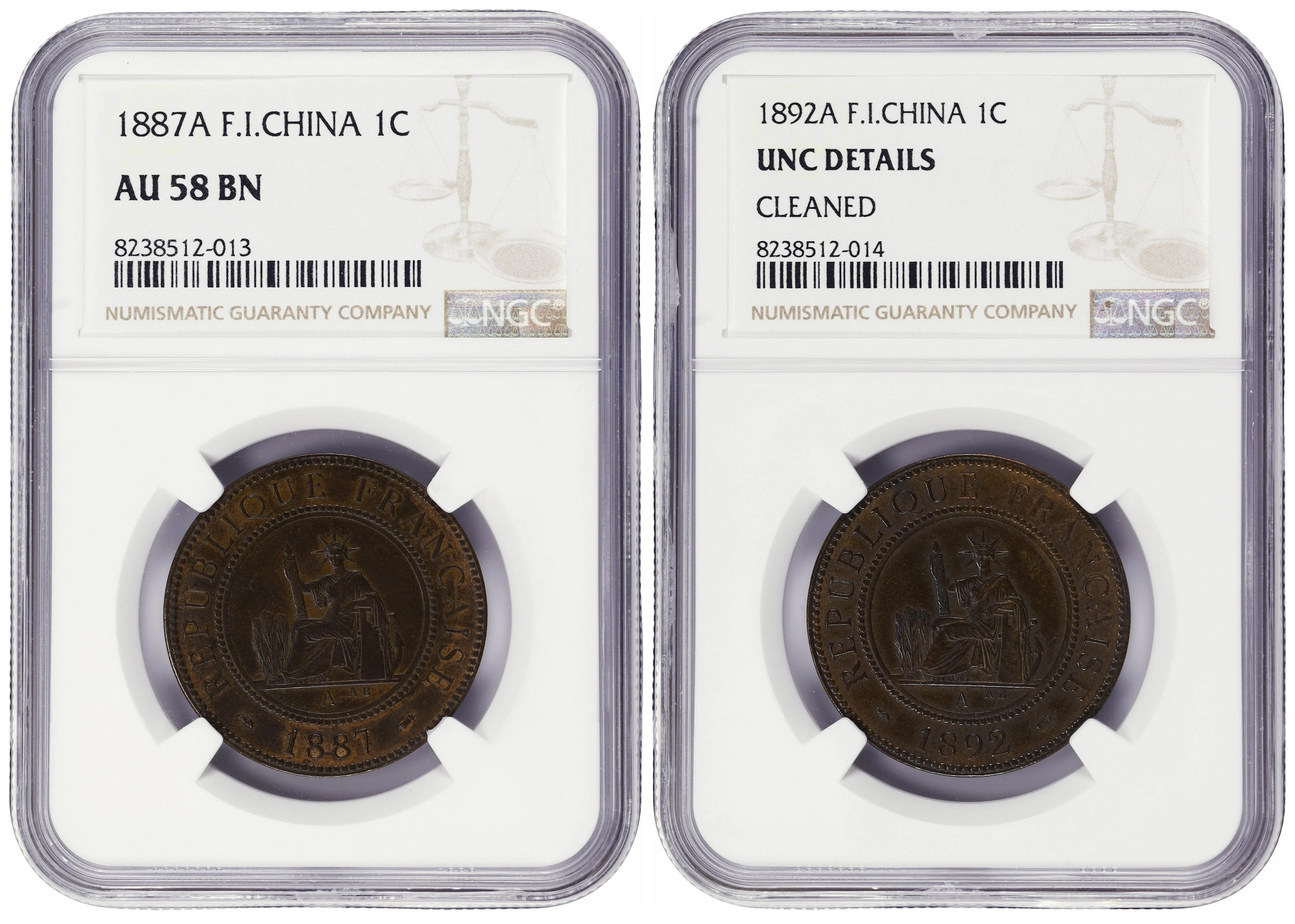 FRENCH INDO-CHINA. Duo of Cents (2 Pieces), 1887-A & 1892-A. Paris