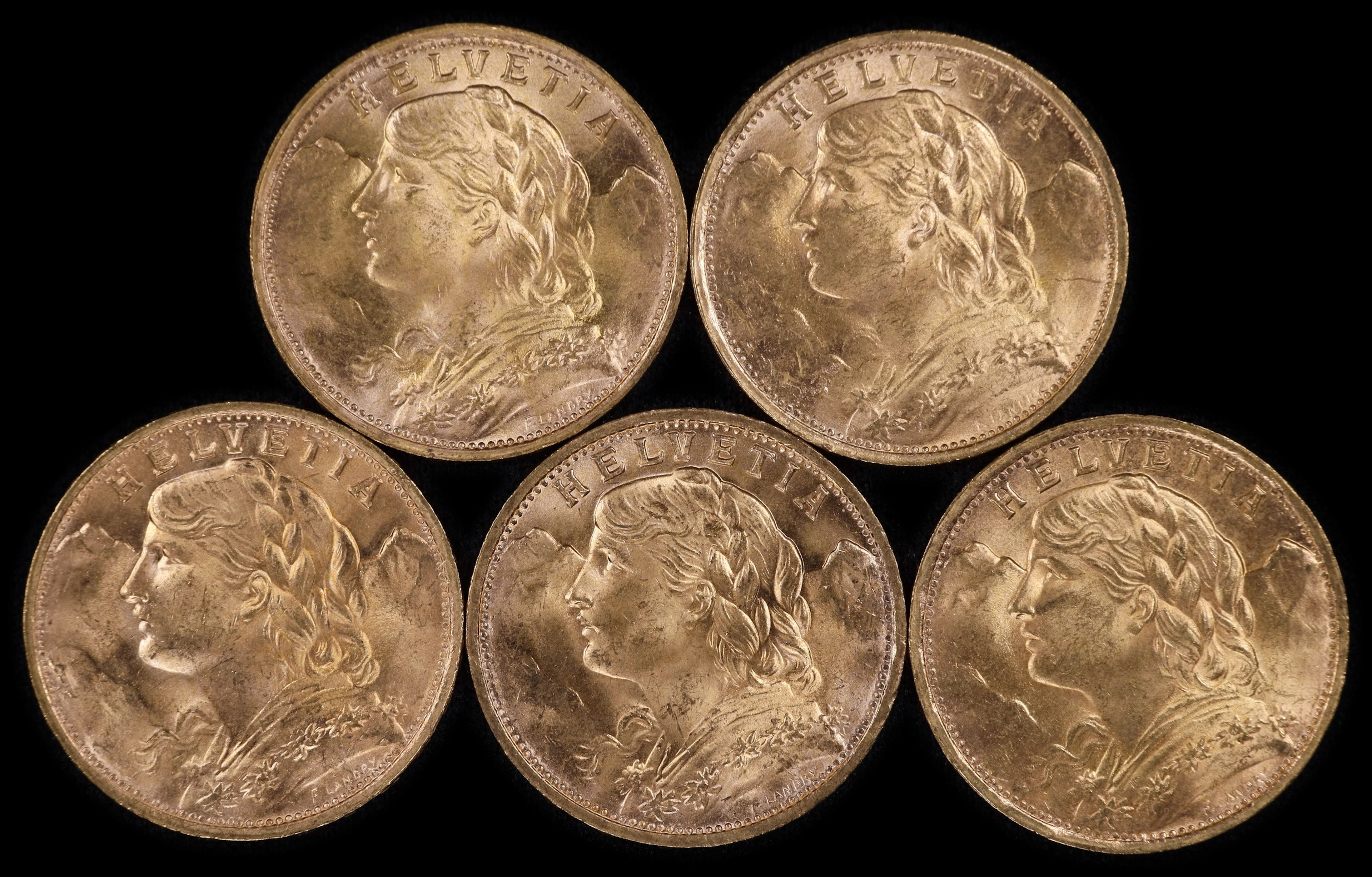 (0.935 oz, 29.082 g AGW). Switzerland. Lot of (5) Mixed Date Gold 20 Francs.