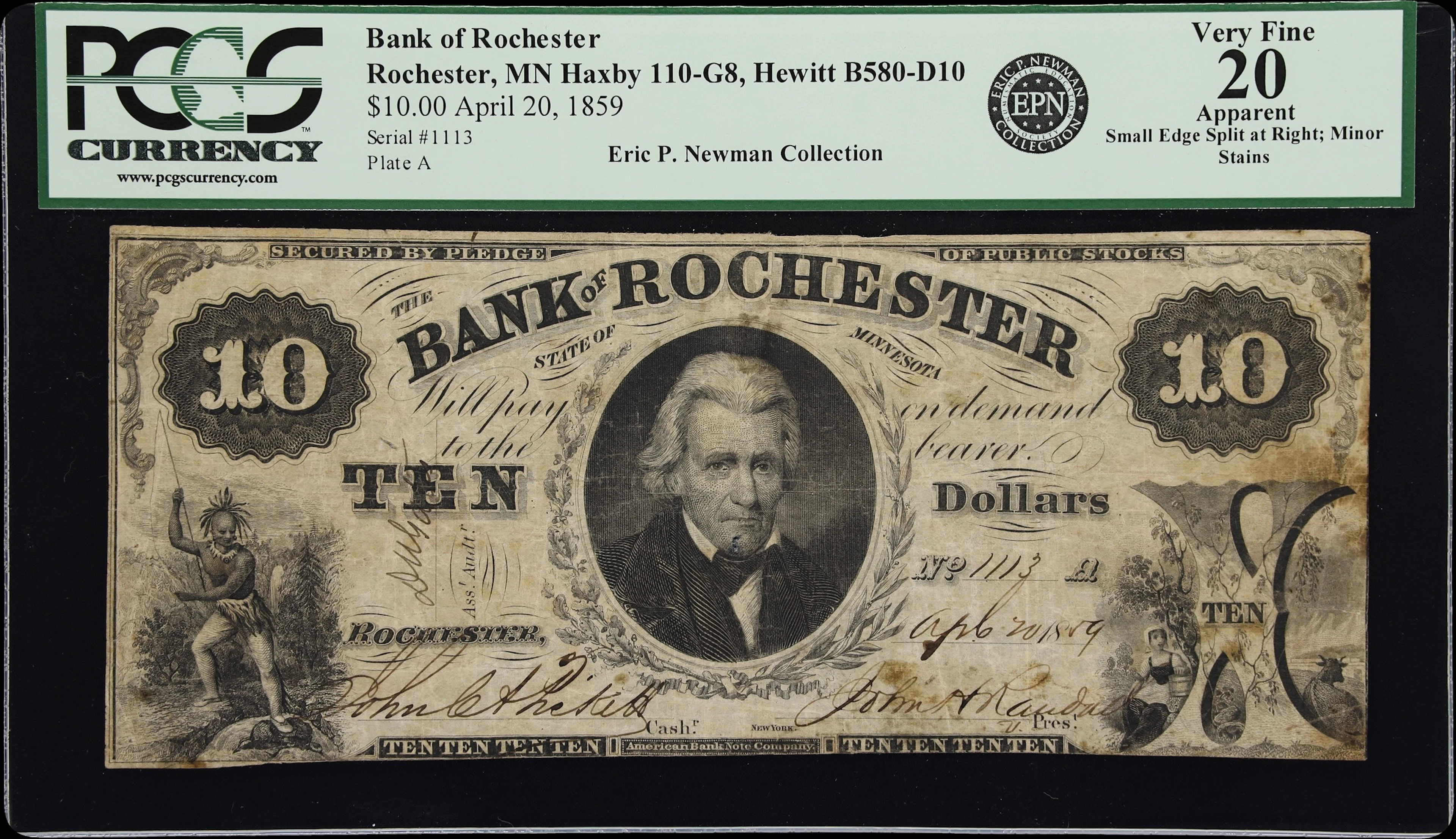 Rochester, Minnesota. Bank of Rochester. 1859 $10. PCGS Currency Very
