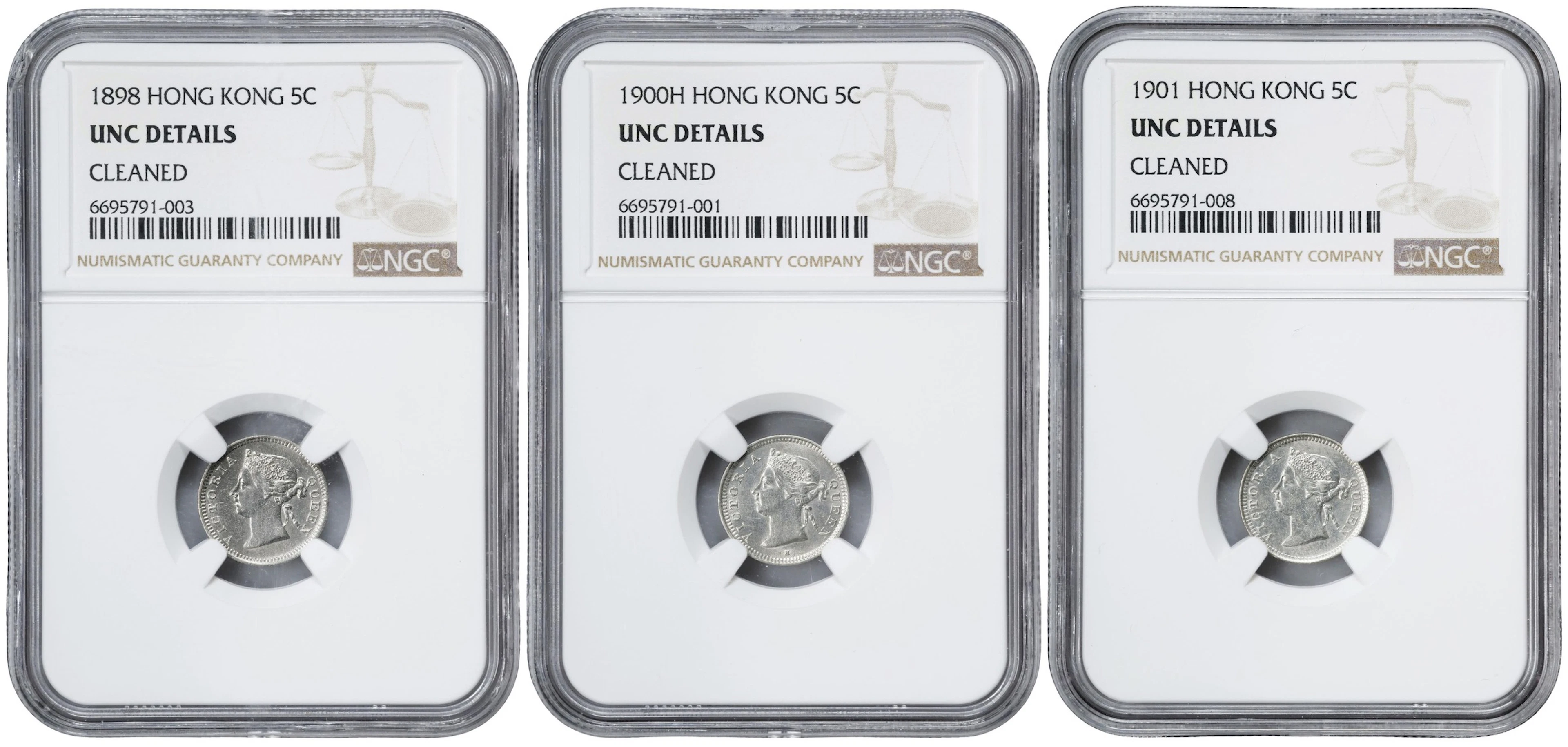 (t) HONG KONG (SAR). Trio of 5 Cents (3 Pieces), 1898-1901. Victoria.