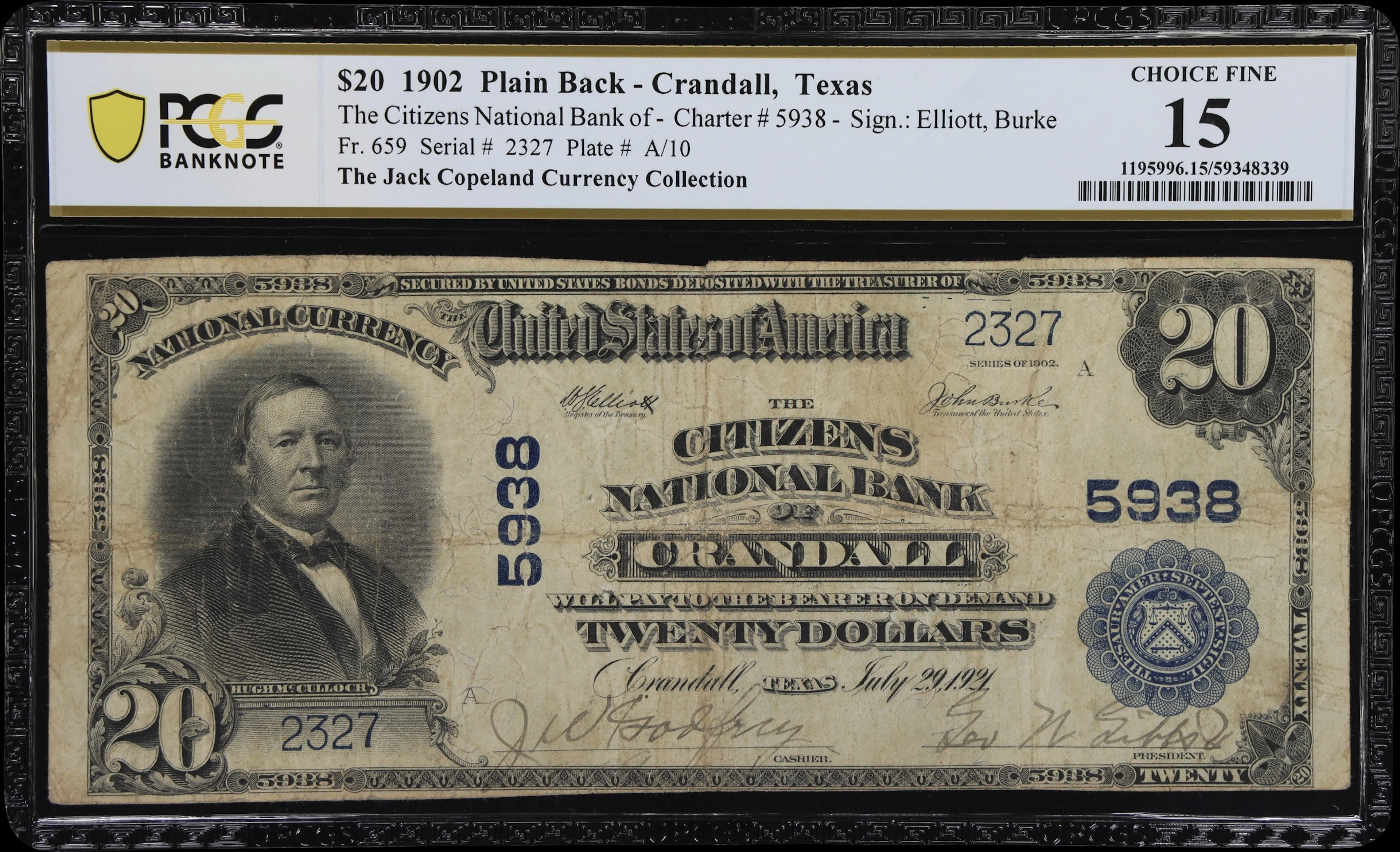 Crandall, Texas. $20 1902 Plain Back. Fr. 659. Citizens NB. Charter