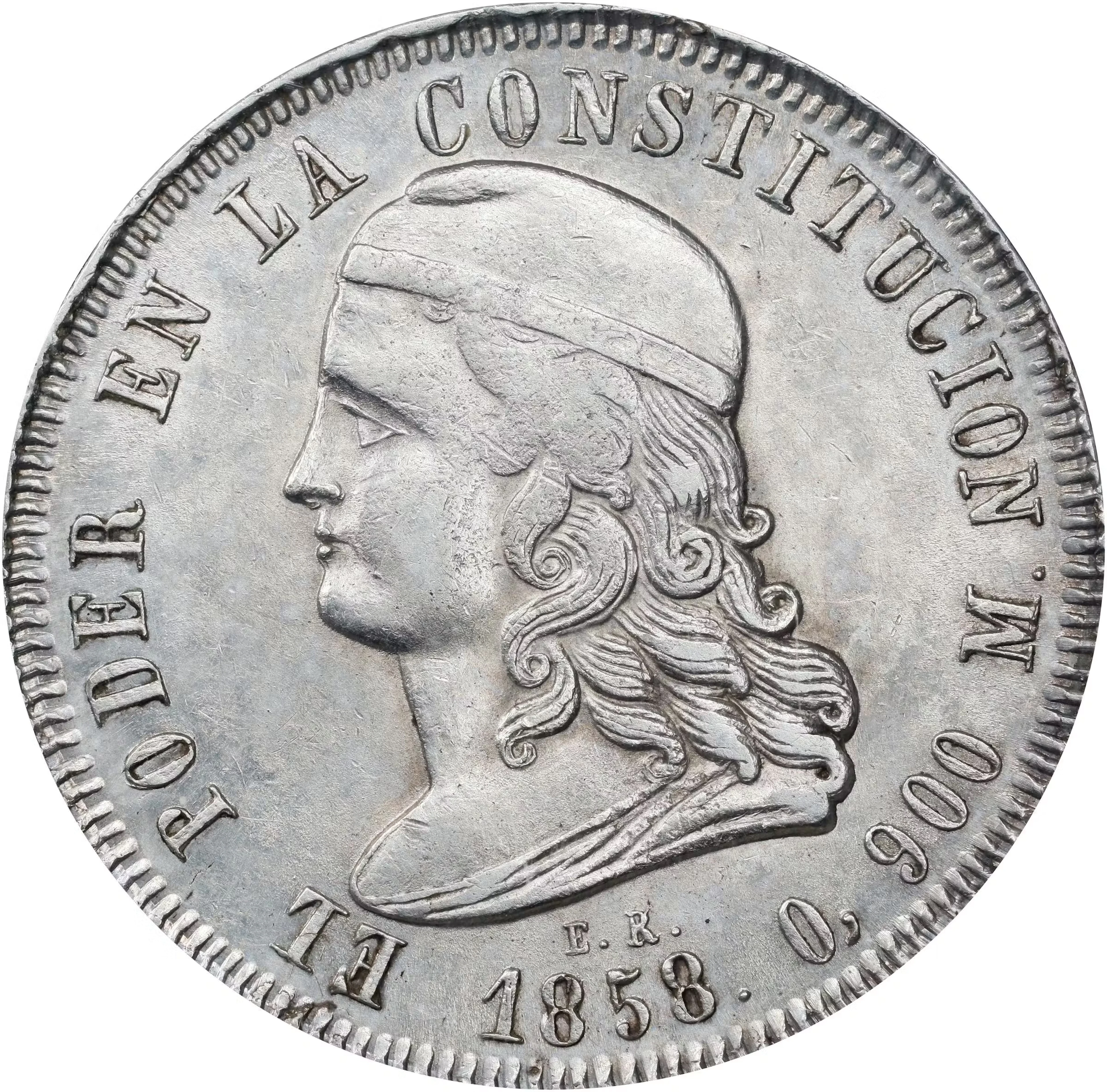 ECUADOR. 5 Francos, 1858-QUITO GJ. Quito Mint. ANACS AU 55 Details--Cleaned.