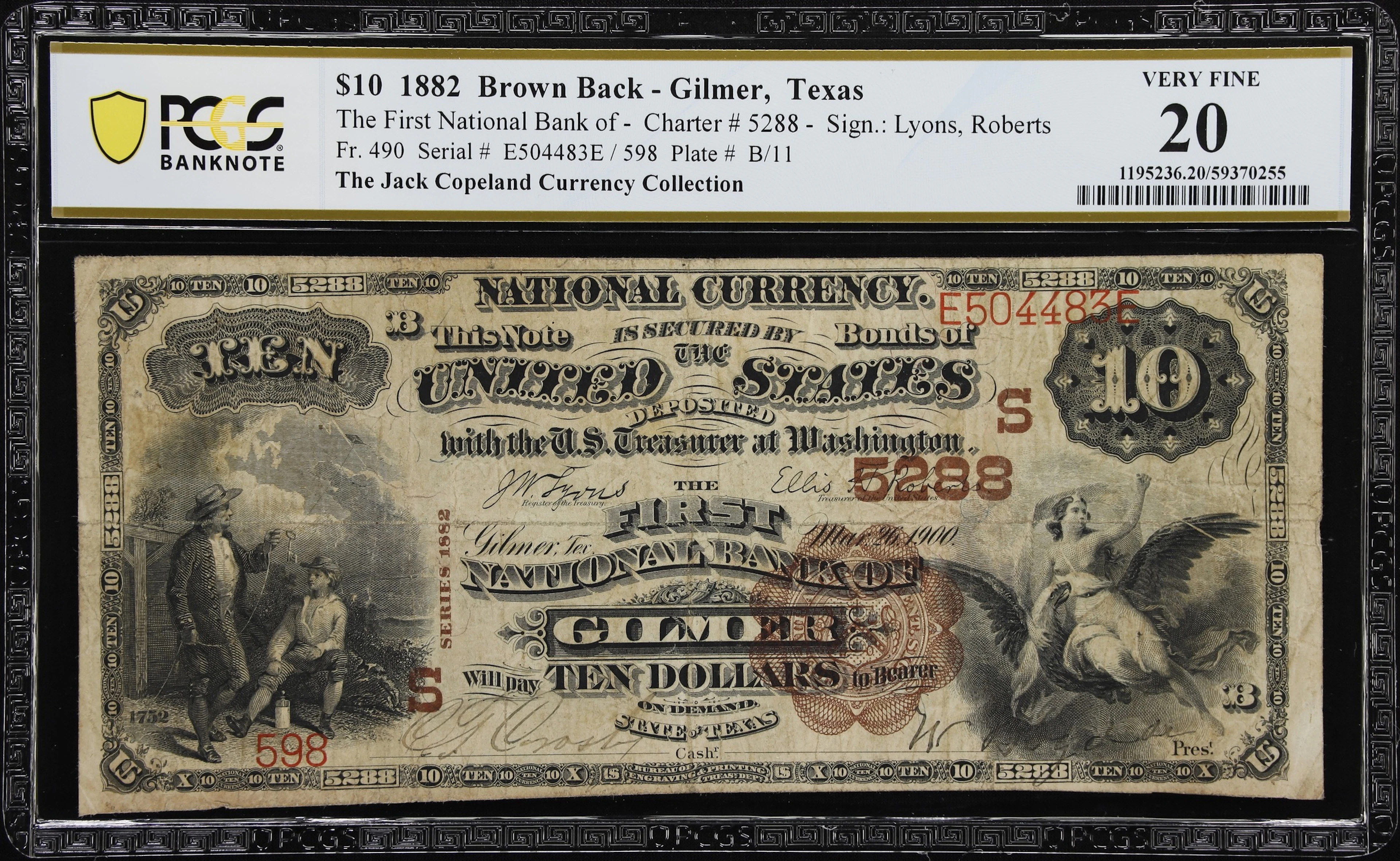 Gilmer, Texas. $10 1882 Brown Back. Fr. 490. First NB. Charter #5288.
