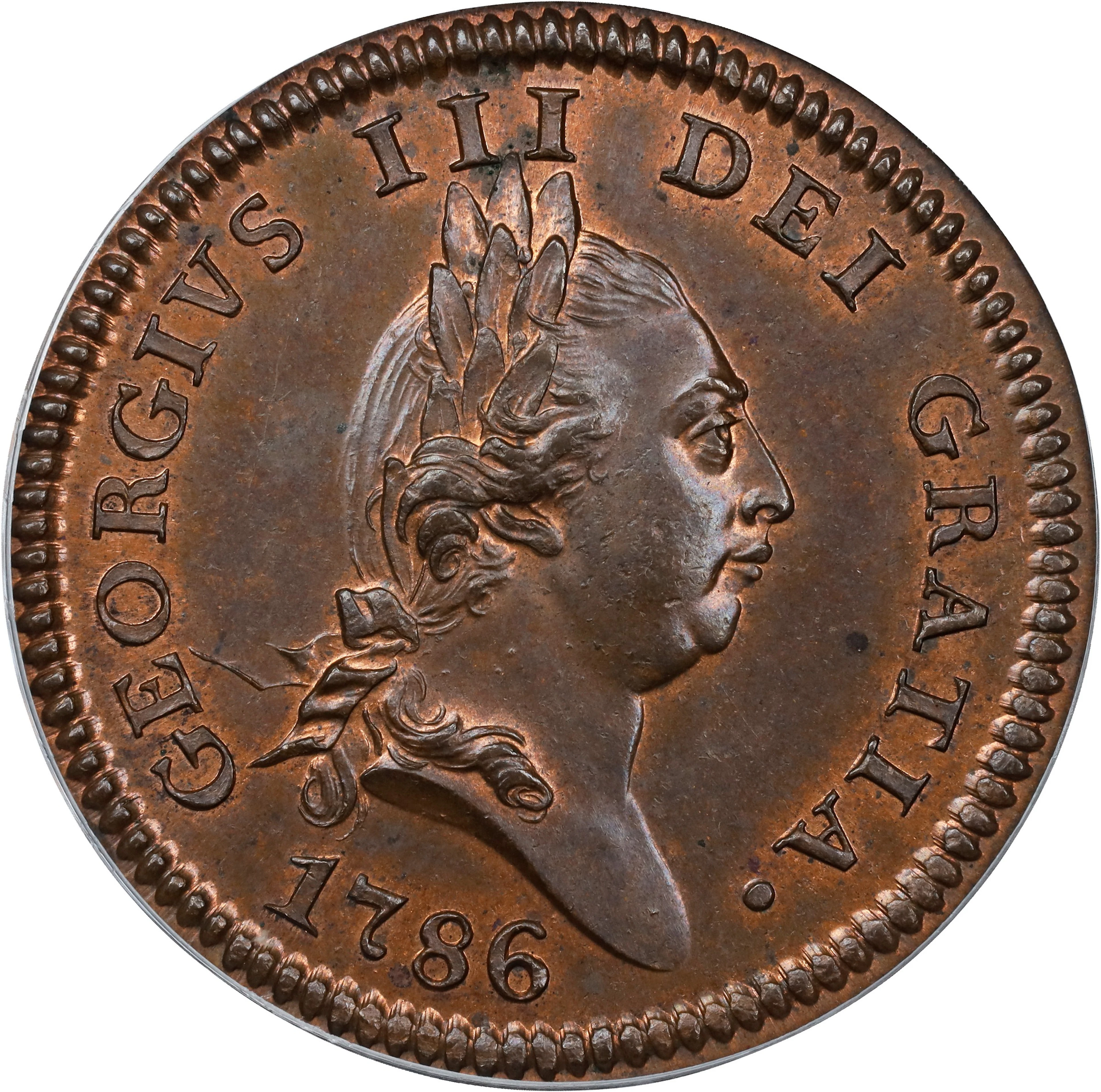 ISLE OF MAN. Penny, 1786. London Mint. George III. PCGS MS-64 Red Brown.