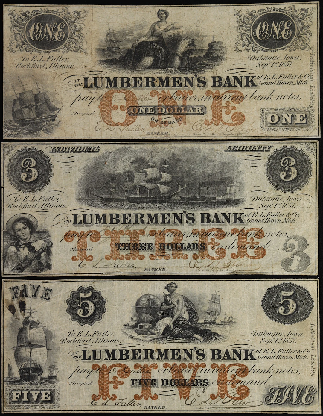Lot of (3) Dubuque, Iowa. Lumbermen's Bank. 1857 $1, $3 & $5. Fine.