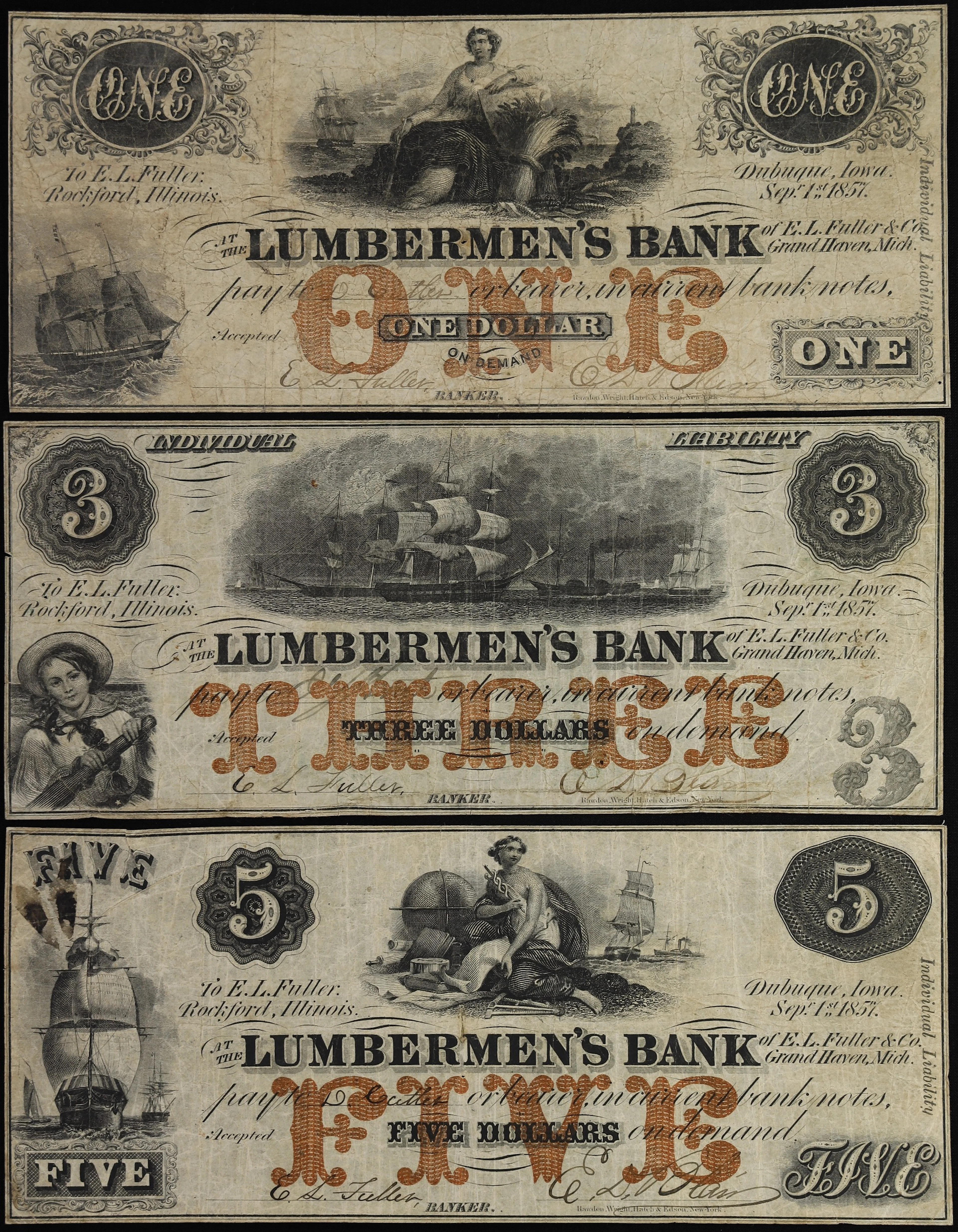 Lot of (3) Dubuque, Iowa. Lumbermen's Bank. 1857 $1, $3 & $5. Fine.