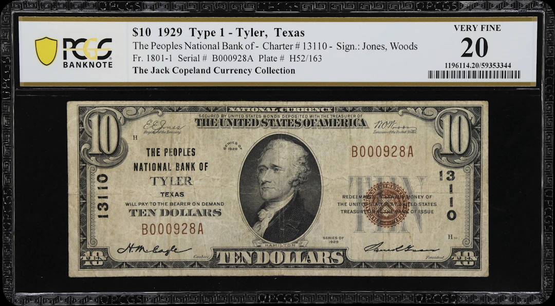 Tyler, Texas. $10 1929 Ty. 1. Fr. 1801-1. Peoples NB. Charter #13110.