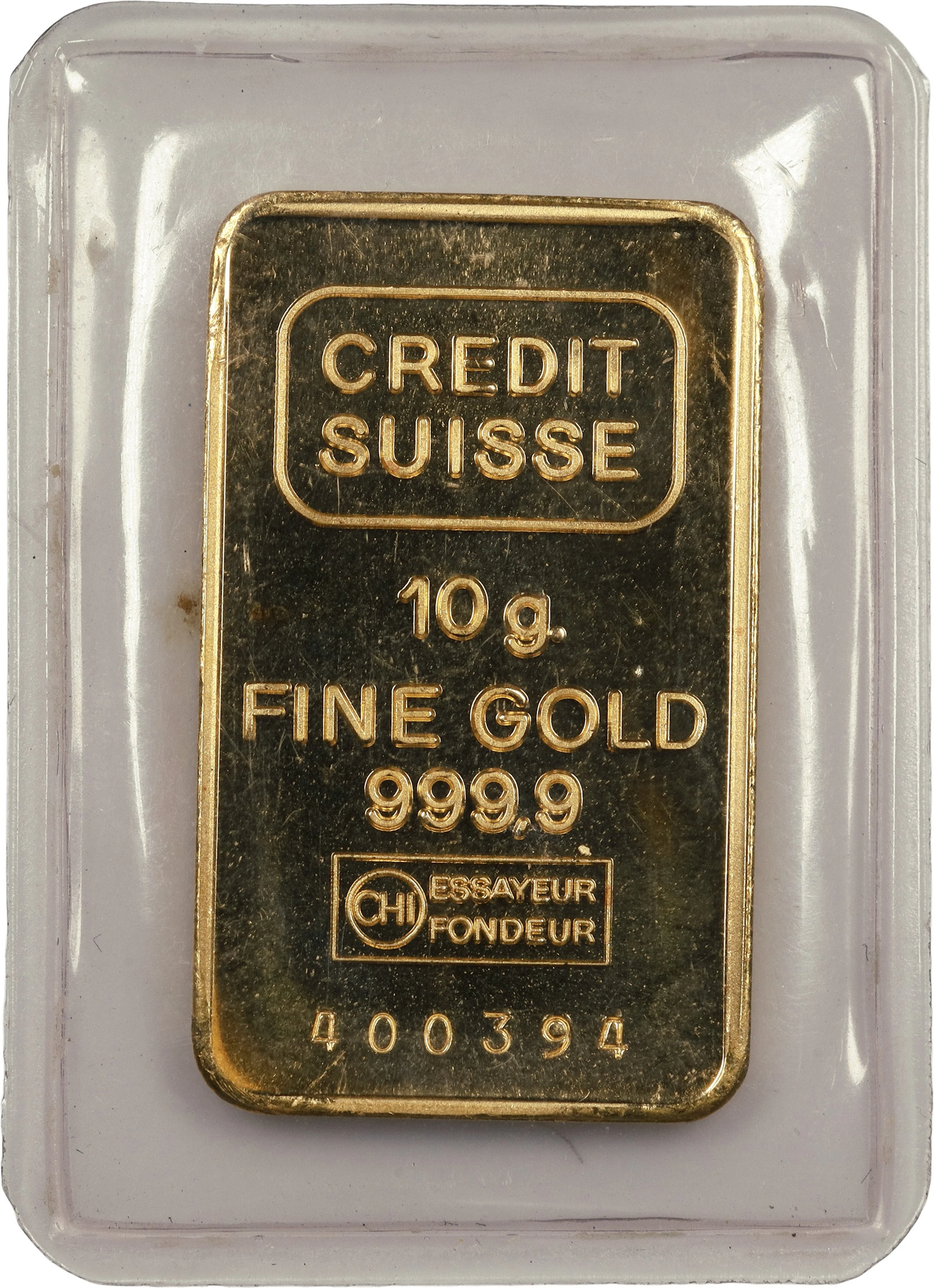 (0.322 oz, 10 g AGW). Credit Suisse 10 gram Gold Bar.