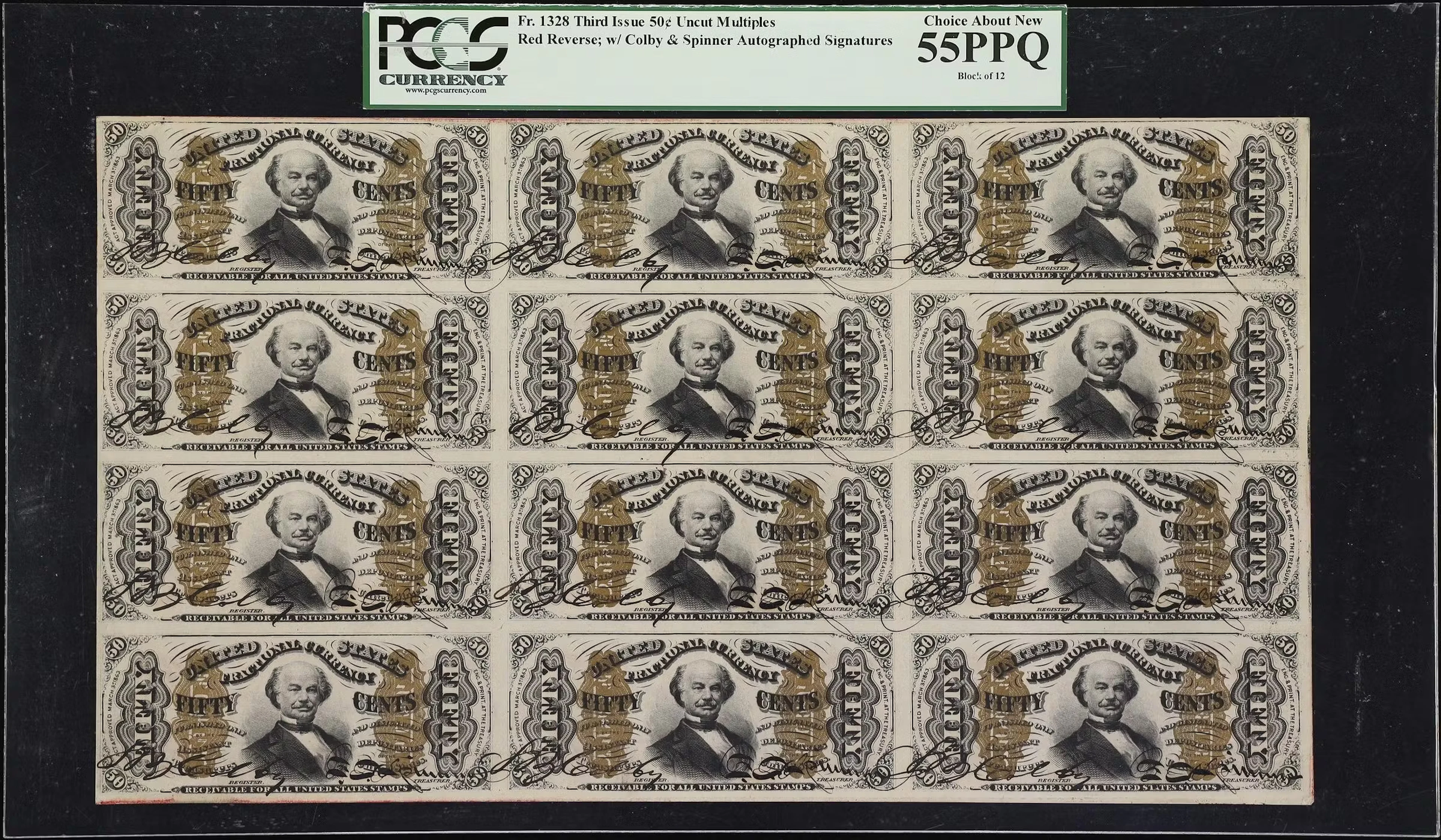 Uncut Sheet of (12) Fr. 1328. 50 Cents. Third Issue. PCGS Currency