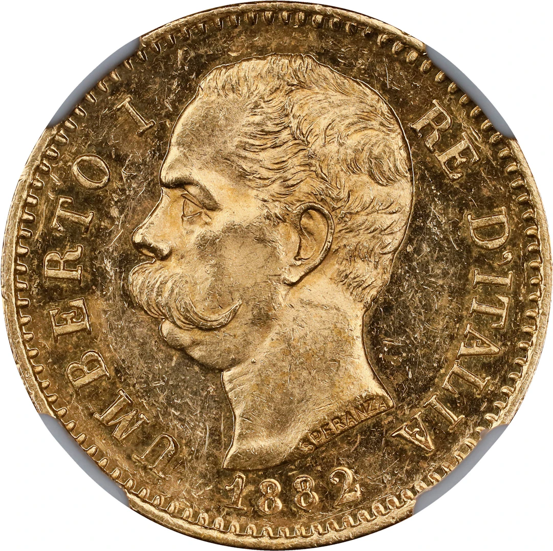 ITALY. 20 Lire, 1882-R. Rome Mint. Umberto I. NGC MS-61 Prooflike.