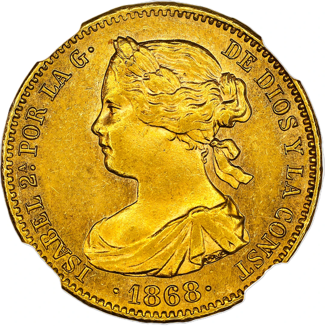 (◊) SPAIN. 10 Escudos, 1868. Madrid Mint. Isabella II. NGC AU-58.