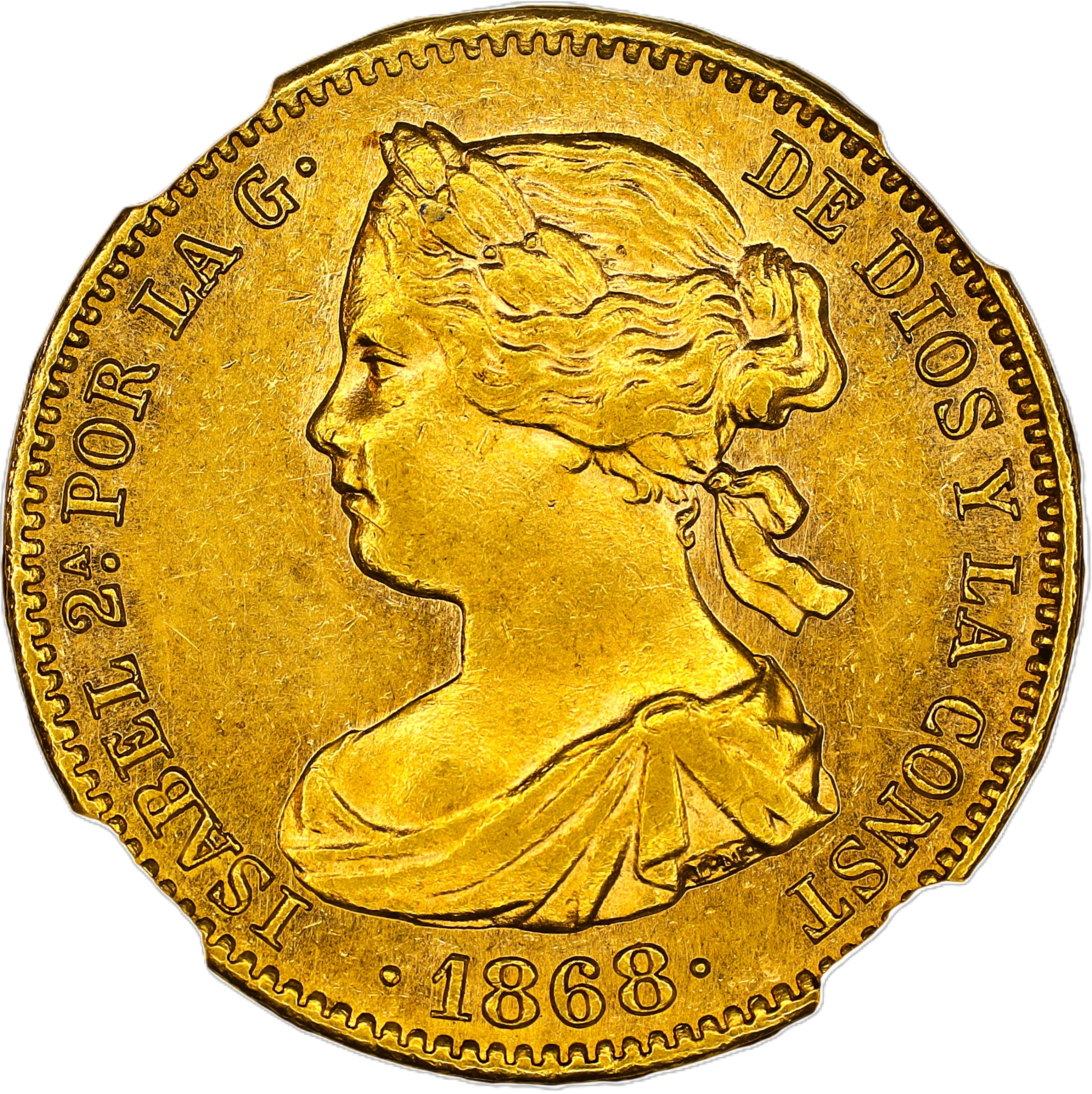 (◊) SPAIN. 10 Escudos, 1868. Madrid Mint. Isabella II. NGC AU-58.