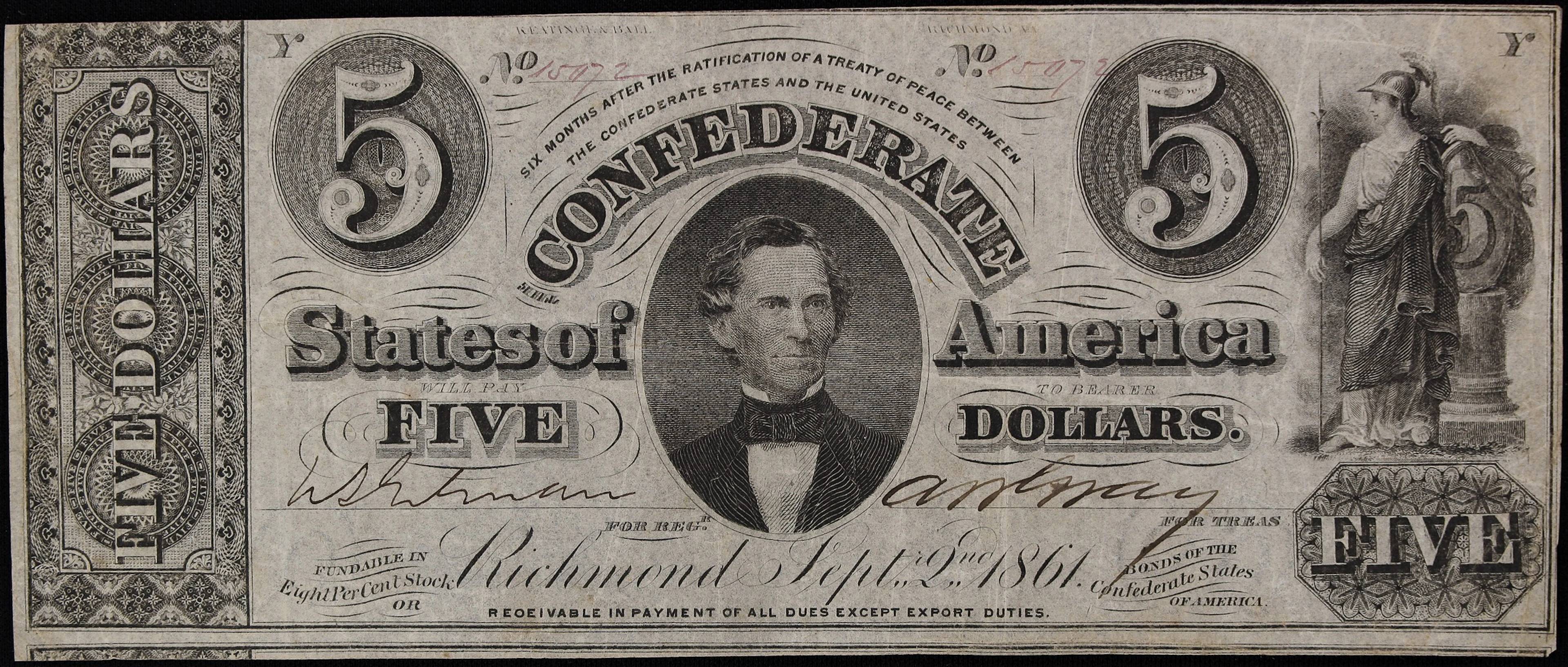 T-34. Confederate Currency. 1861 $5. Very Fine.