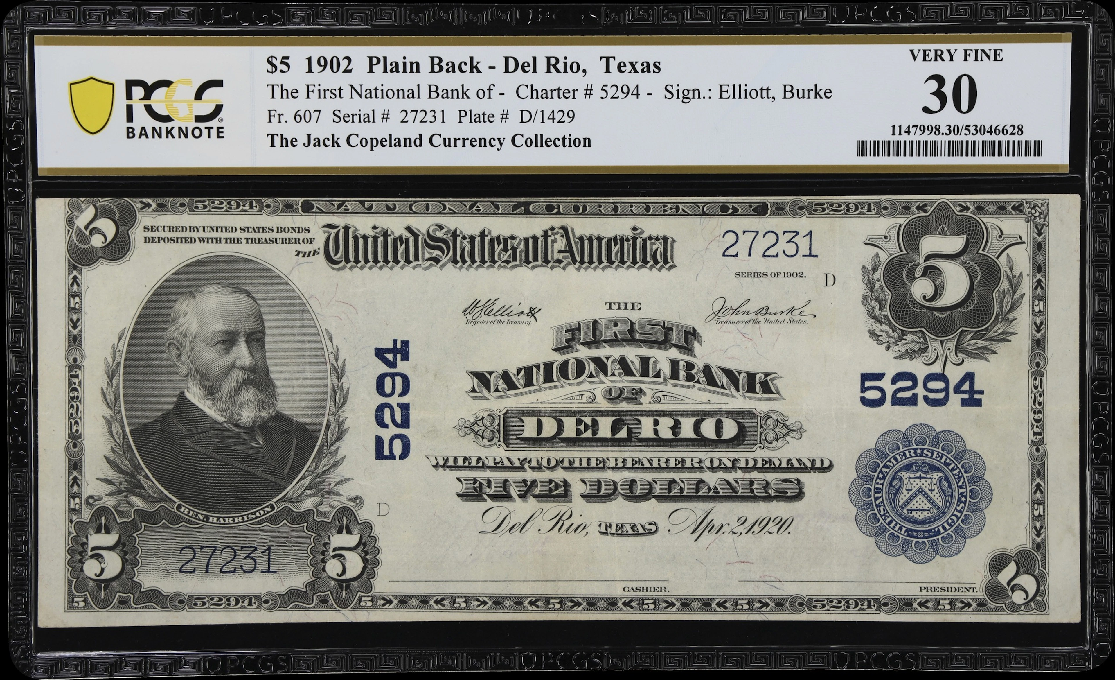 Del Rio, Texas. $5 1902 Plain Back. Fr. 607. First NB. Charter #5294.