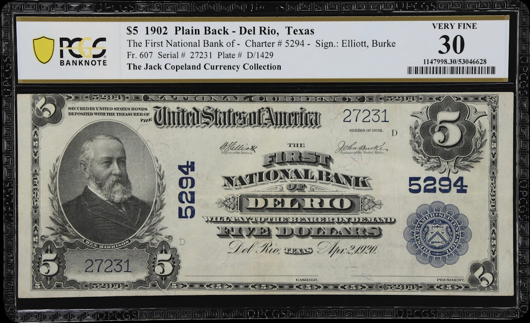 Del Rio, Texas. $5 1902 Plain Back. Fr. 607. First NB. Charter #5294.