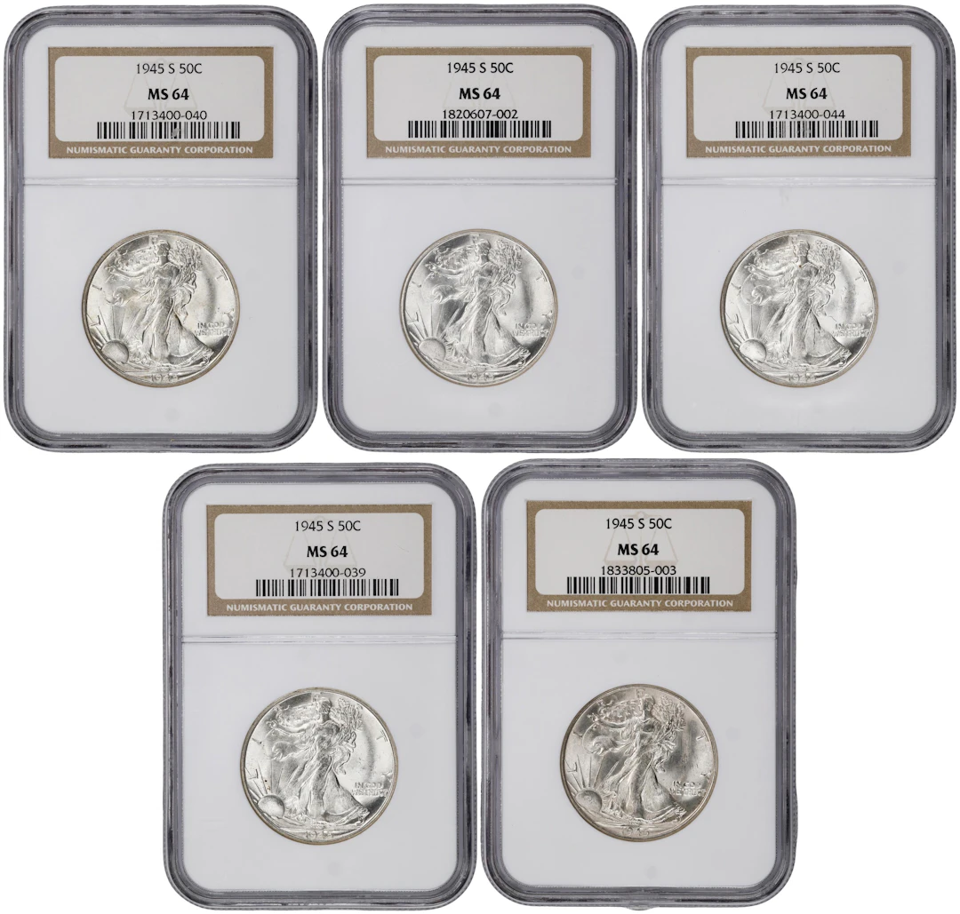 Lot of (5) 1945-S Walking Liberty Half Dollars. MS-64 (NGC).