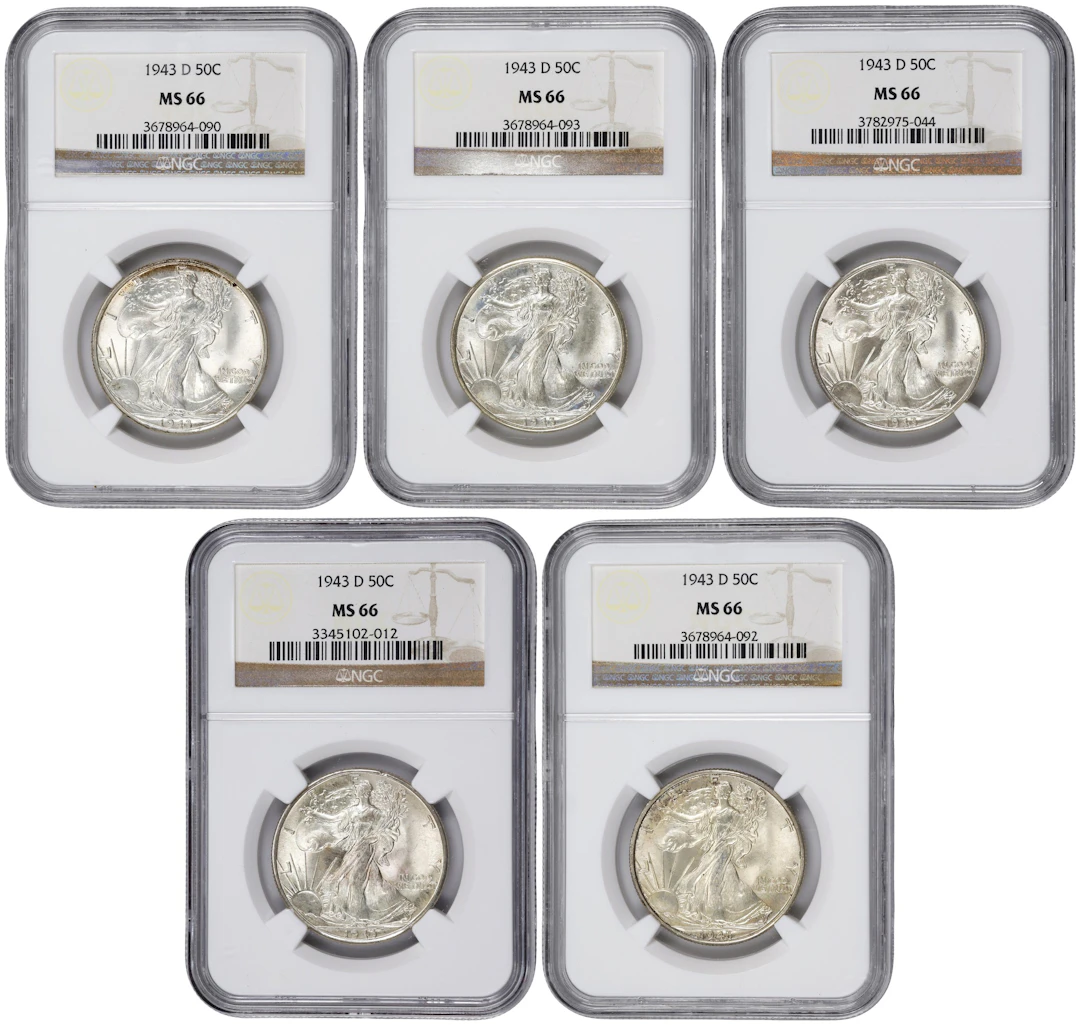 Lot of (5) 1943-D Walking Liberty Half Dollars. MS-66 (NGC).