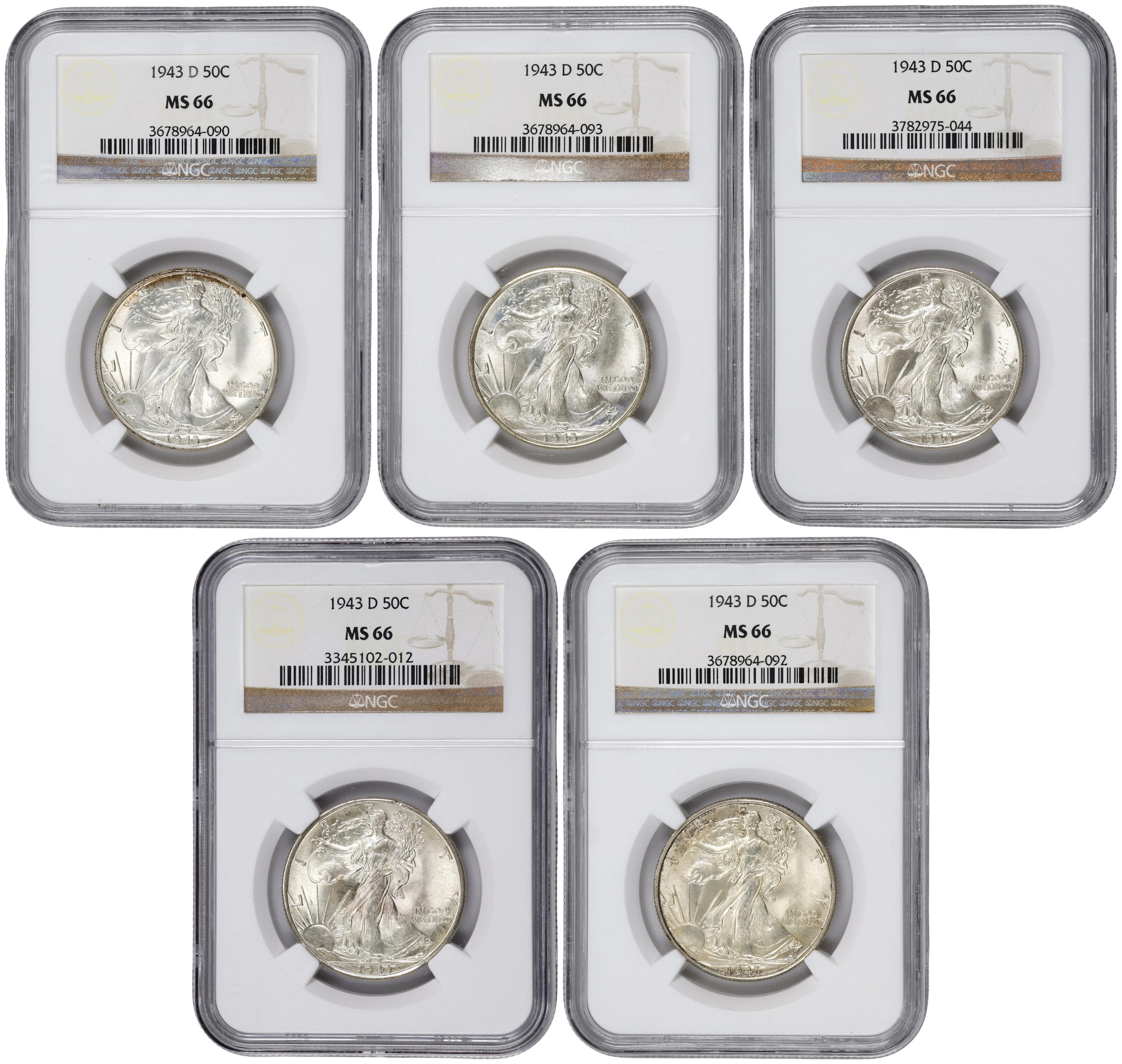 Lot of (5) 1943-D Walking Liberty Half Dollars. MS-66 (NGC).