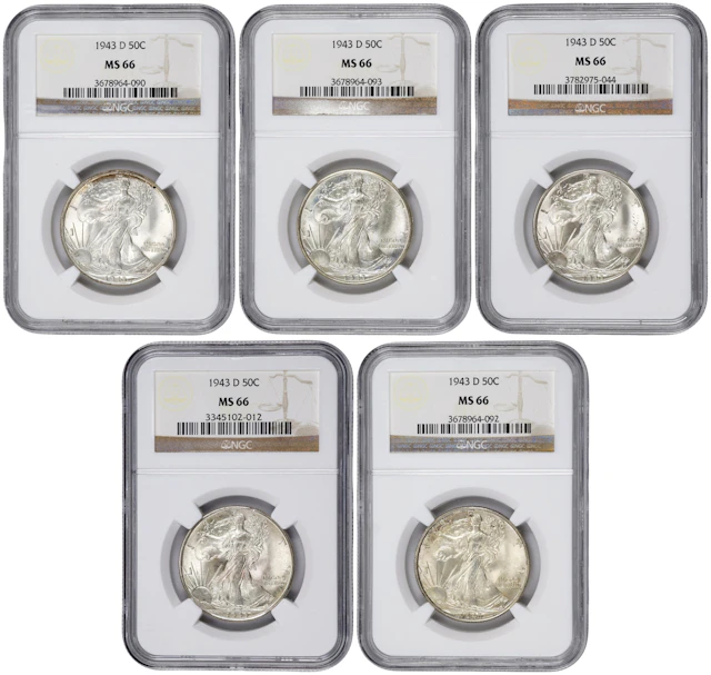 Lot of (5) 1943-D Walking Liberty Half Dollars. MS-66 (NGC).