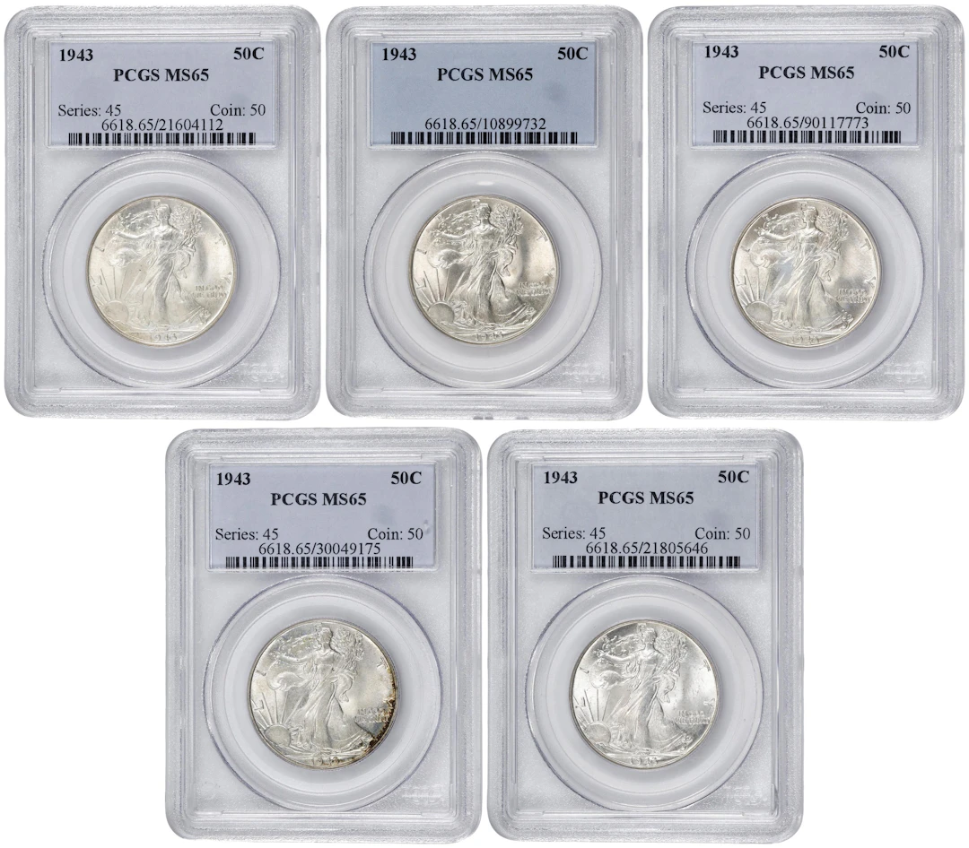 Lot of (5) 1943 Walking Liberty Half Dollars. MS-65 (PCGS).