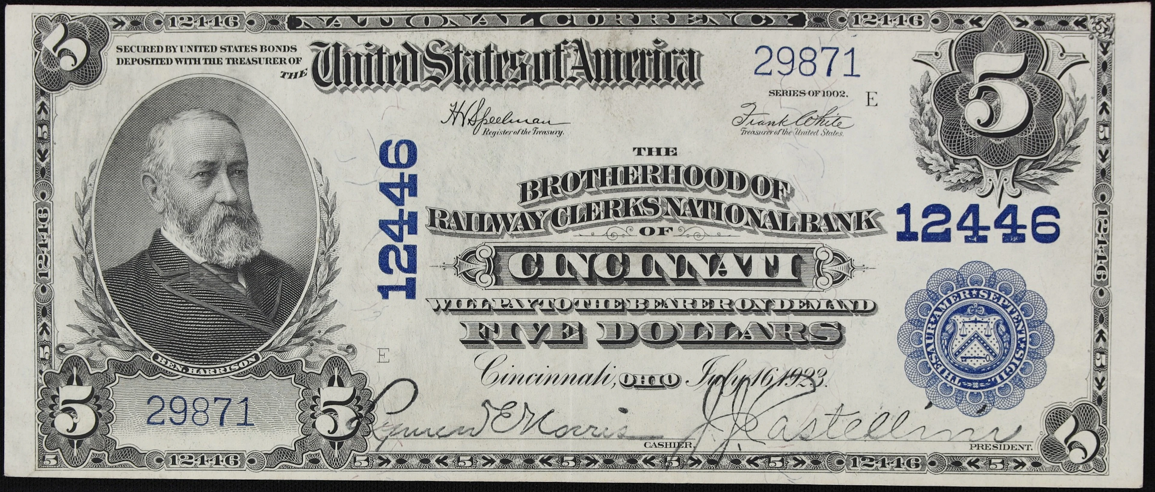 Cincinnati, Ohio. $5 1902 Plain Back. Fr. 609. The Brotherhood of