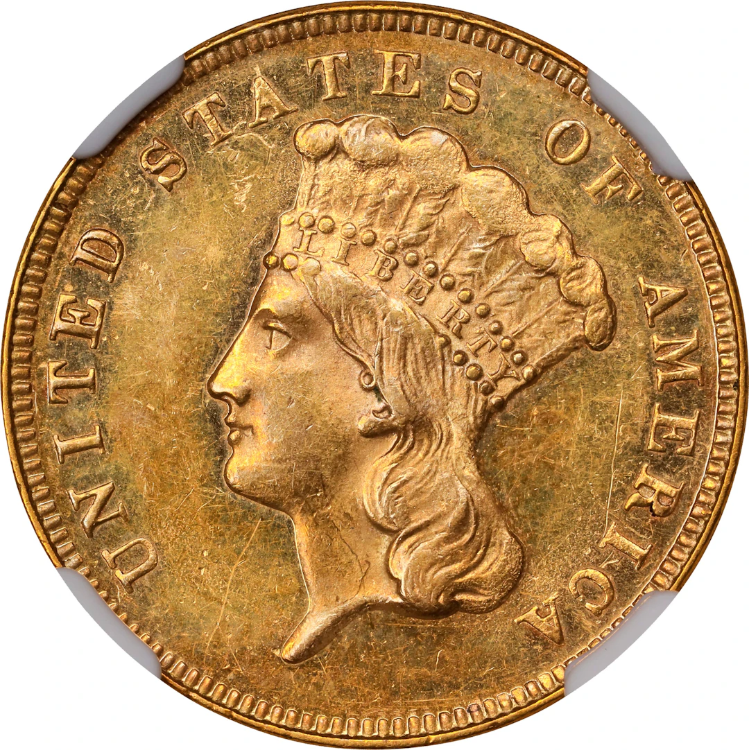 1873 Three-Dollar Gold Piece. Close 3. MS-62 PL (NGC).