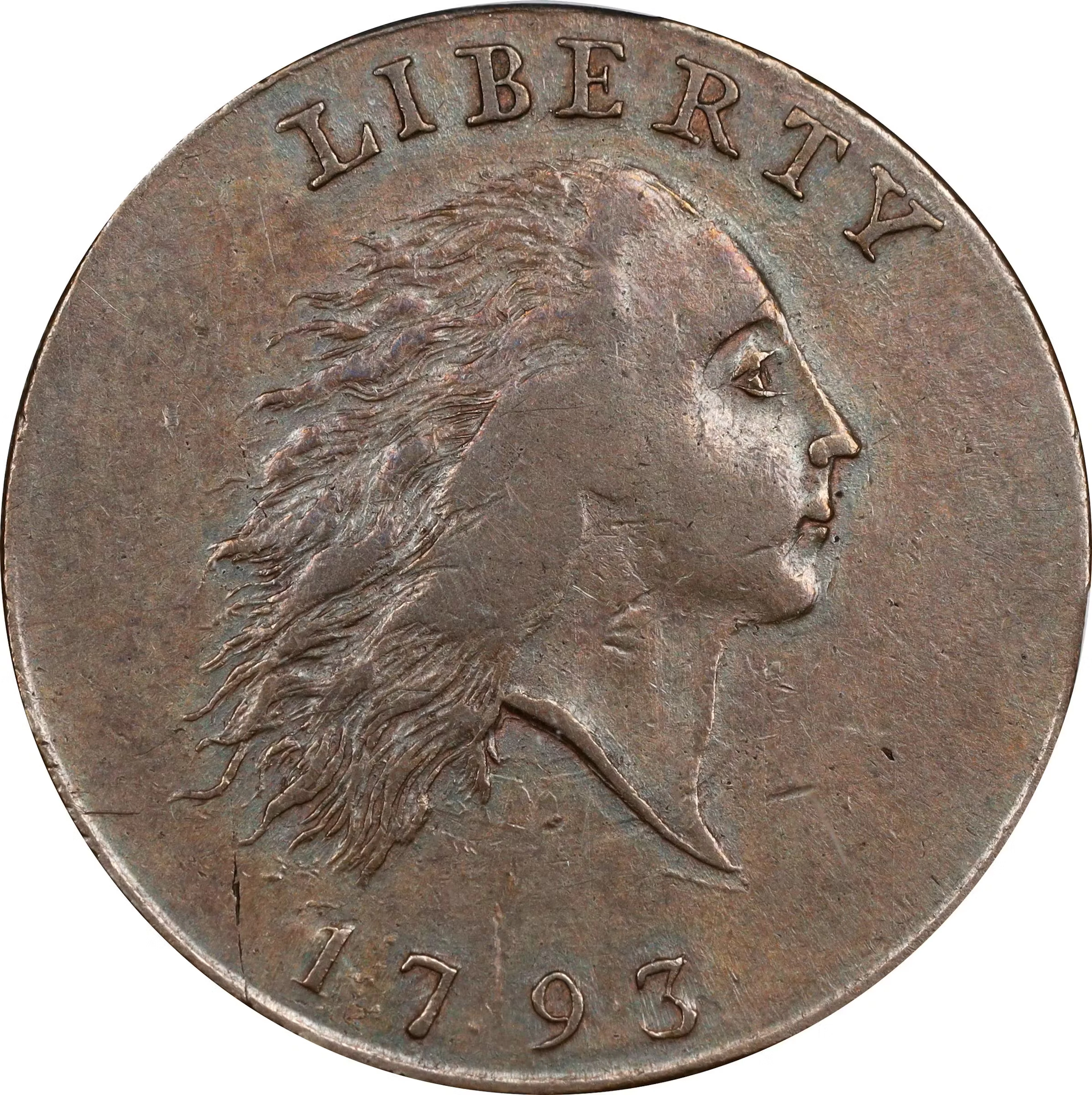 1793 Flowing Hair Cent. Chain Reverse. S-1, B-1. Rarity-4. AMERI. AU-50 (PCGS).