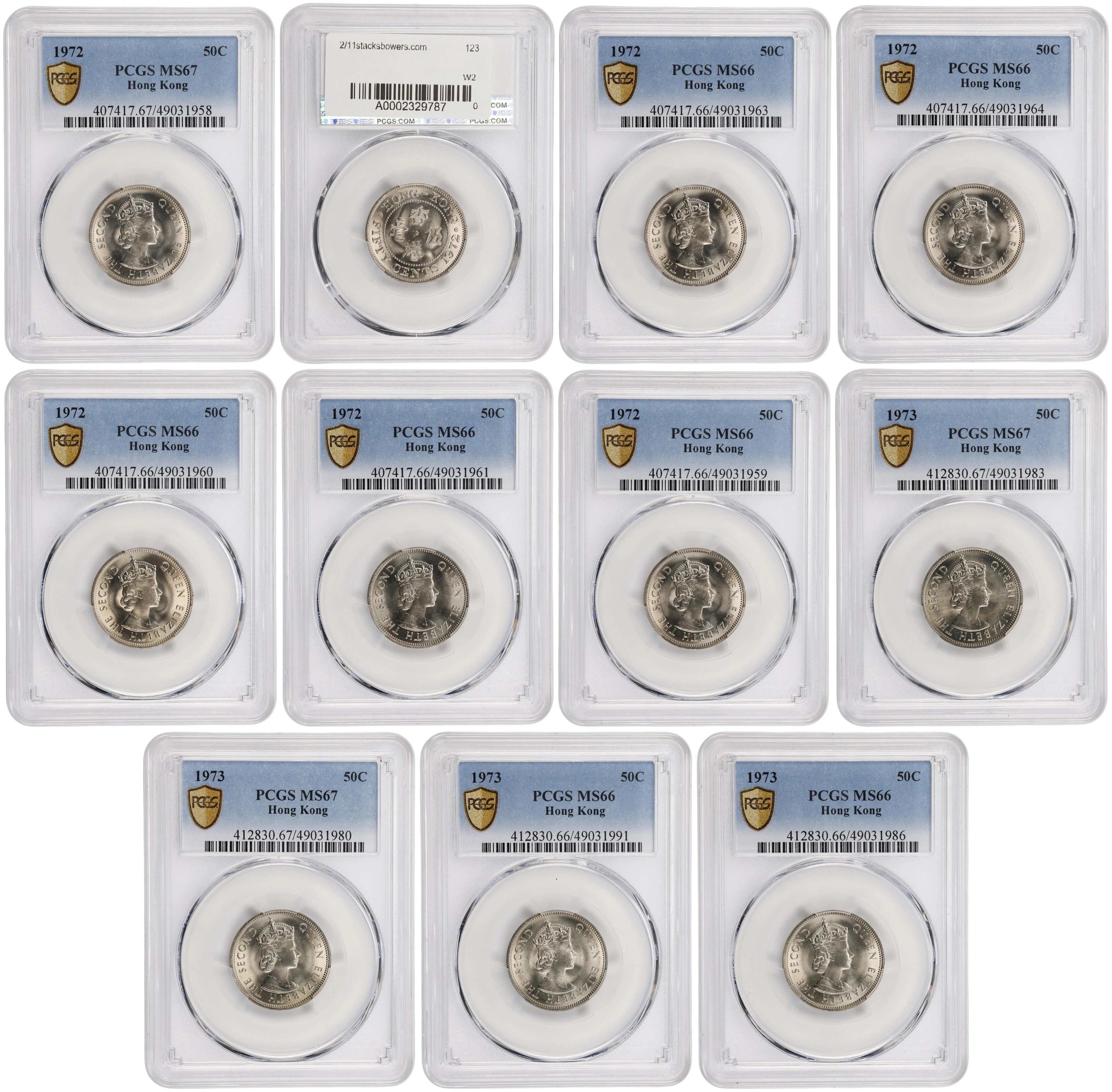 HONG KONG (SAR). Group of 50 Cents (11 Pieces), 1972 & 73. London
