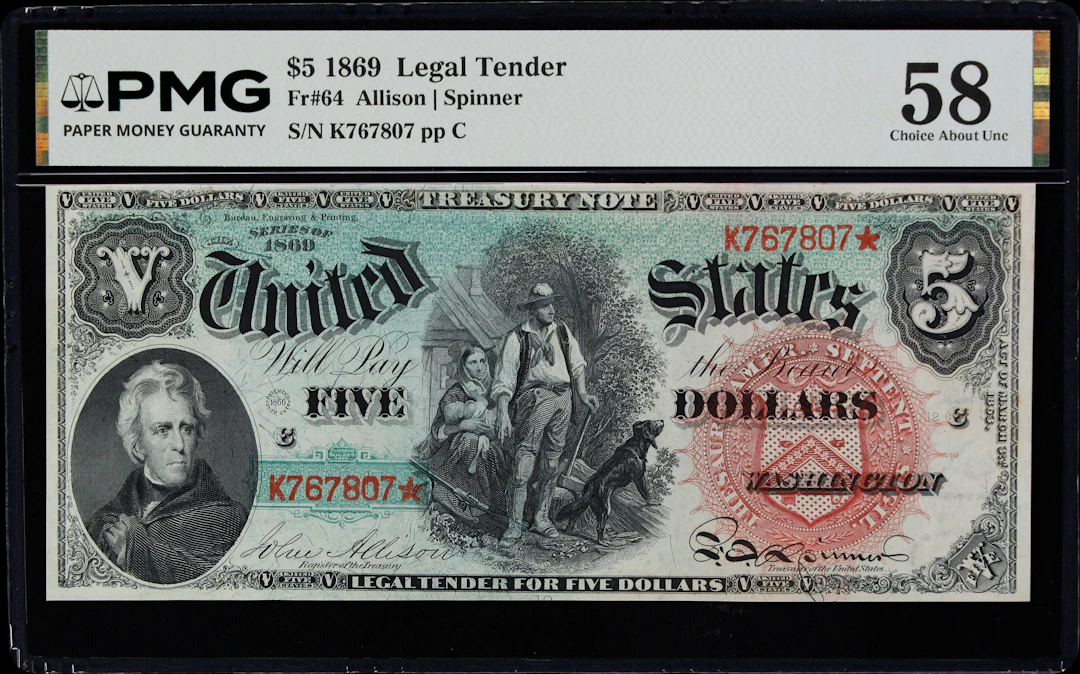 Fr. 64. 1869 $5 Legal Tender Note. PMG Choice About Uncirculated 58.