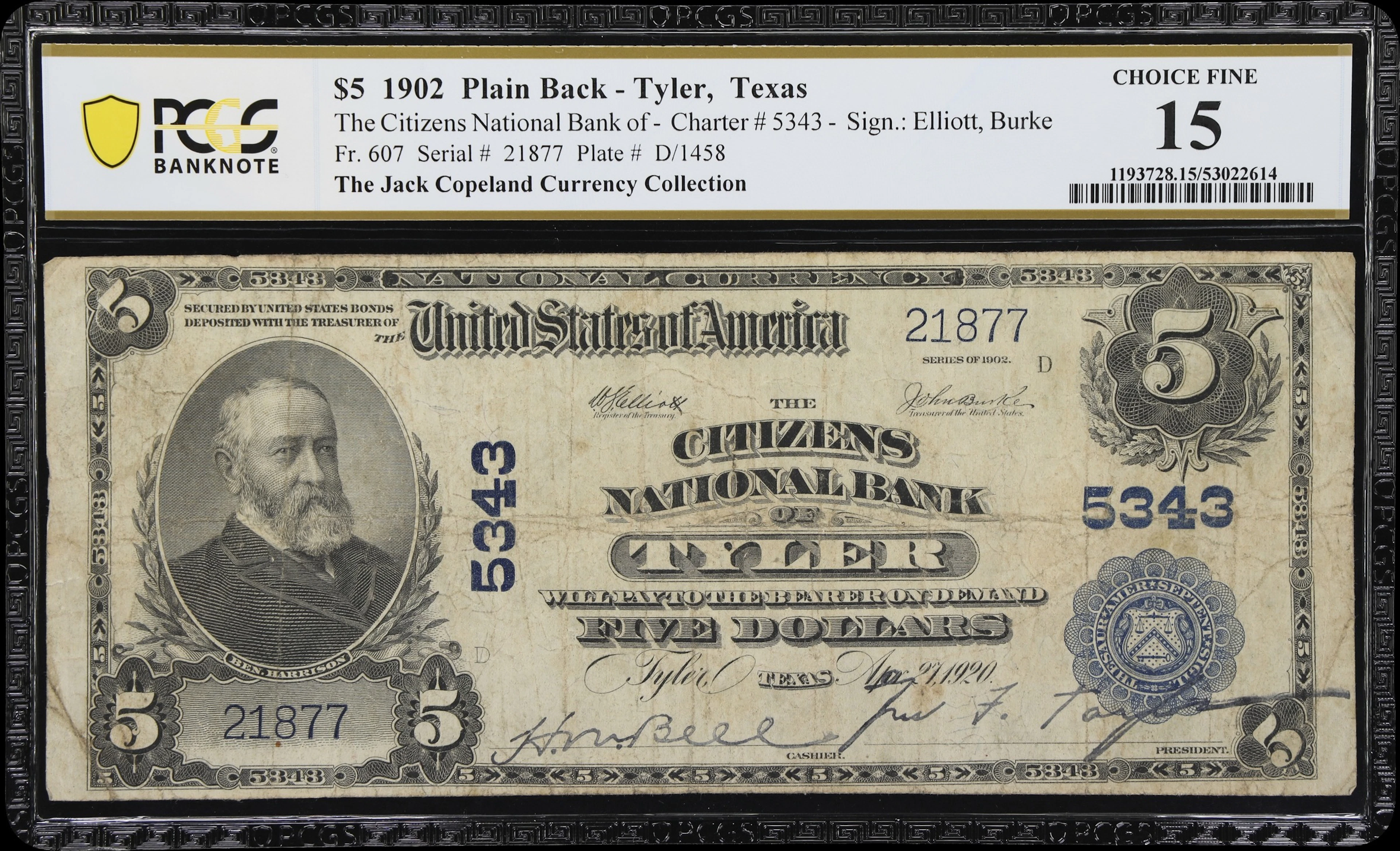 Tyler, Texas. $5 1902 Plain Back. Fr. 607. Citizens NB. Charter #5343.