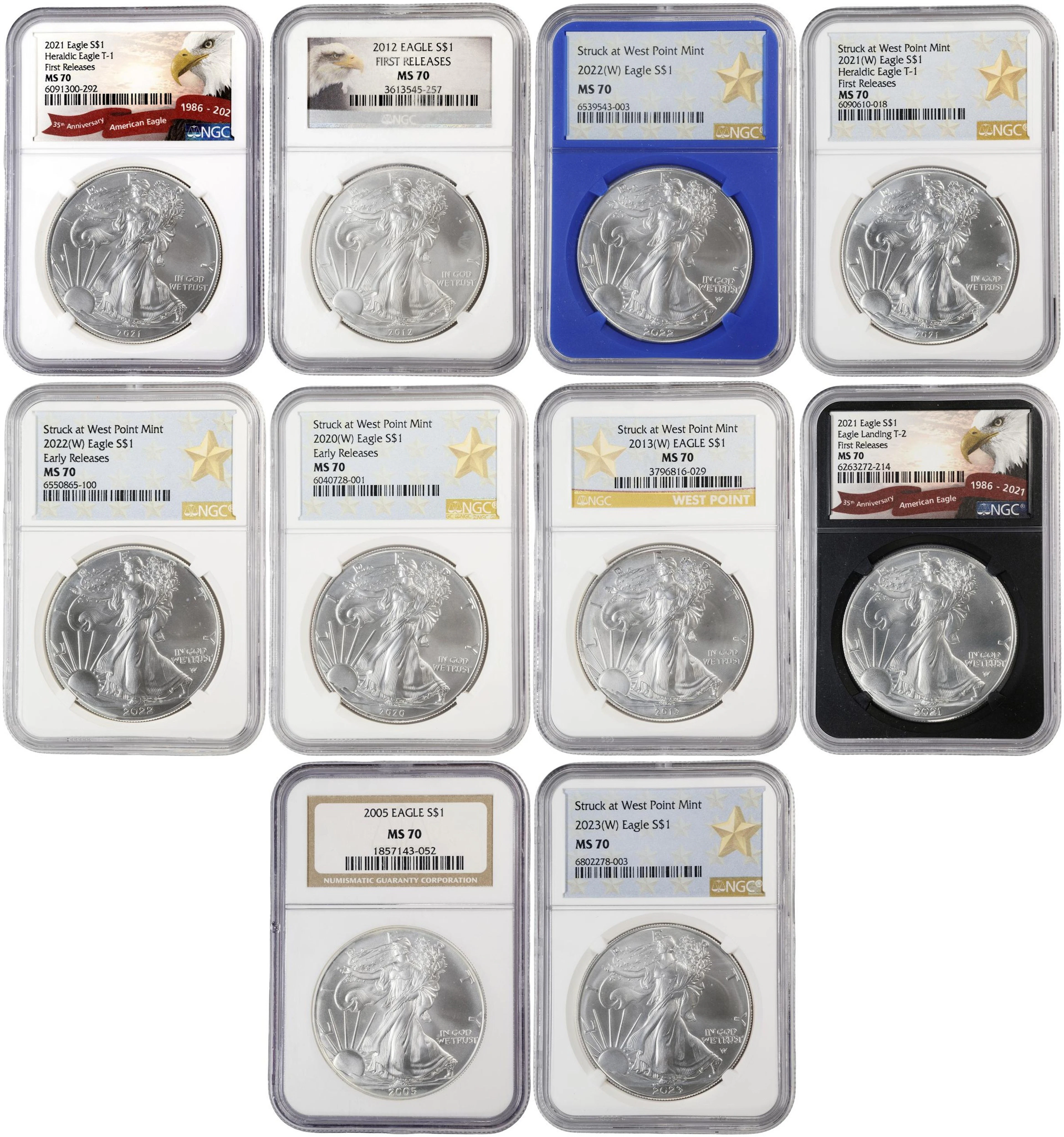 (10 oz, 311.04 g ASW). Lot of (10) Mixed Date American Silver Eagles.