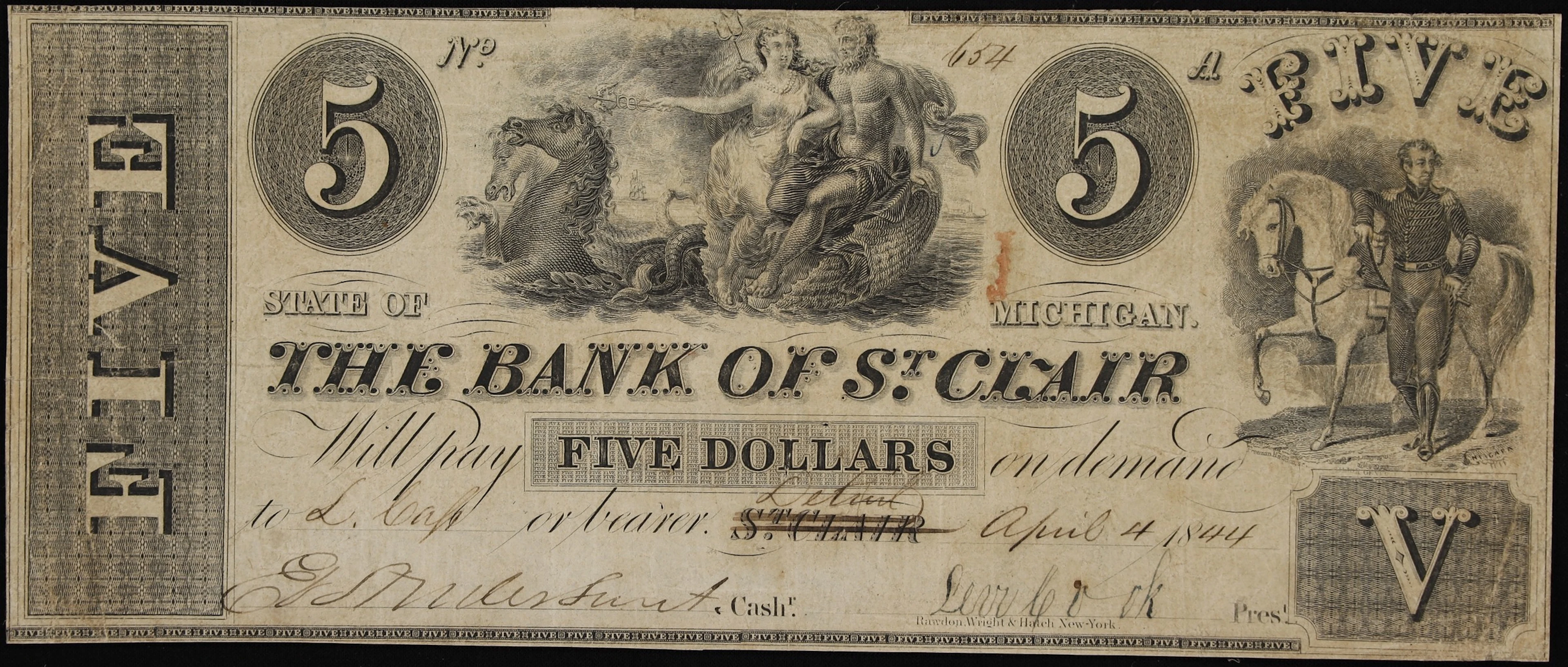 St. Clair, Michigan. Bank of St. Clair. 1844 $5. Fine.