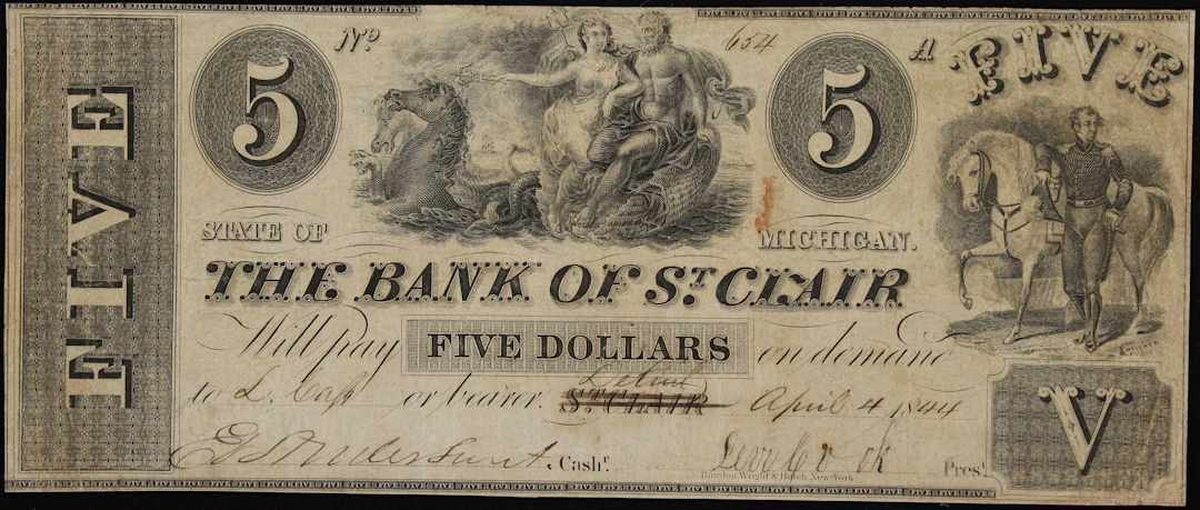 St. Clair, Michigan. Bank of St. Clair. 1844 $5. Fine.