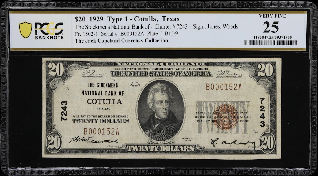 Cotulla, Texas. $20 1929 Ty. 1. Fr. 1802-1. Stockmens NB. Charter