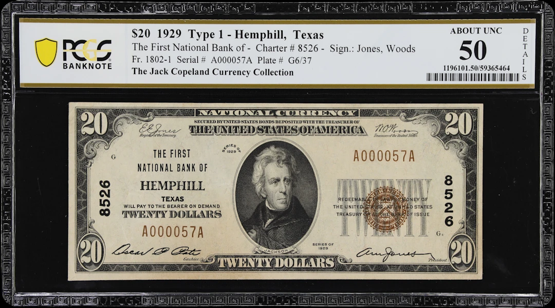 Hemphill, Texas. $20 1929 Ty. 1. Fr. 1802-1. First NB. Charter #8526.