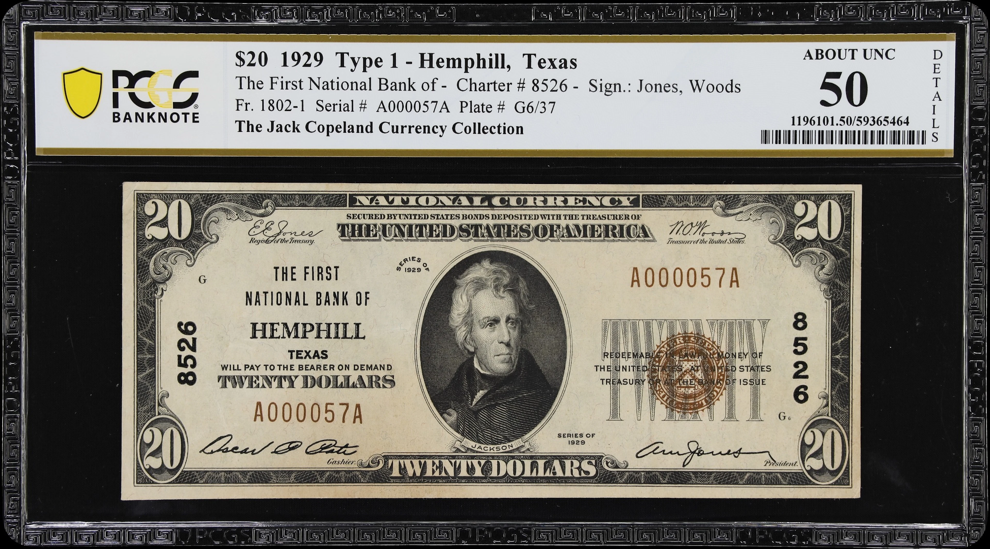 Hemphill, Texas. $20 1929 Ty. 1. Fr. 1802-1. First NB. Charter #8526.