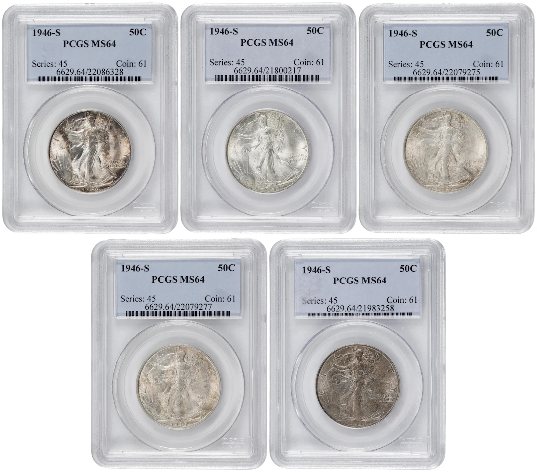 Lot of (5) 1946-S Walking Liberty Half Dollars. MS-64 (PCGS).