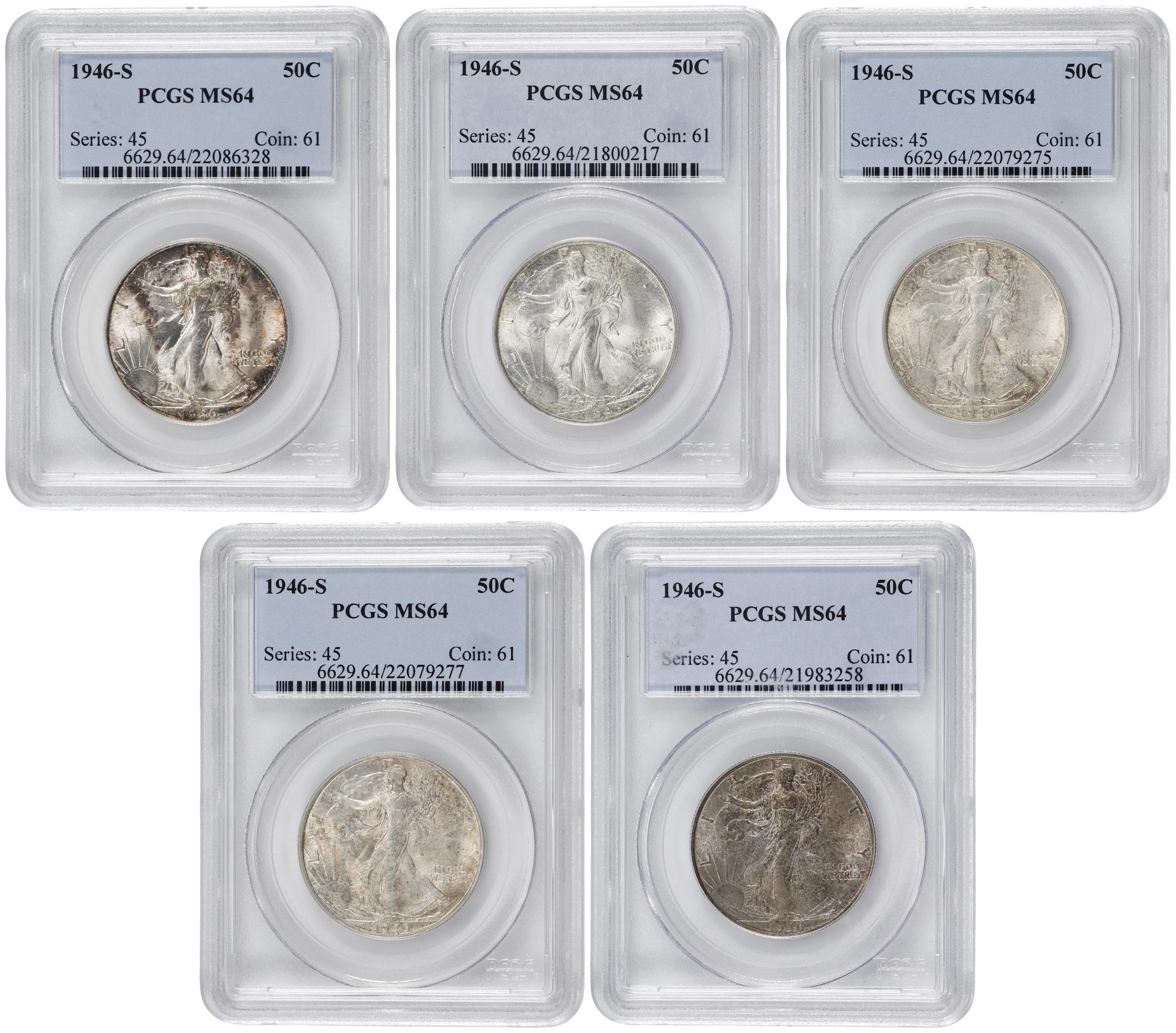 Lot of (5) 1946-S Walking Liberty Half Dollars. MS-64 (PCGS).