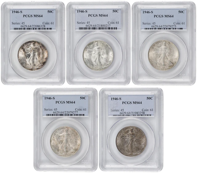 Lot of (5) 1946-S Walking Liberty Half Dollars. MS-64 (PCGS).