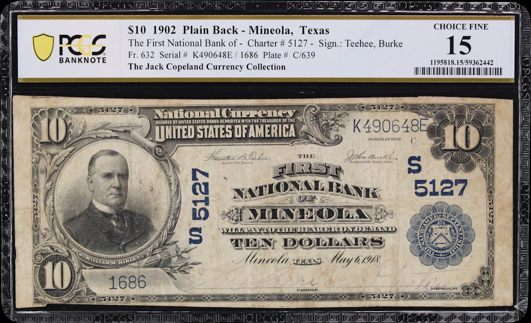 Mineola, Texas. $10 1902 Plain Back. Fr. 632. First NB. Charter #5127.